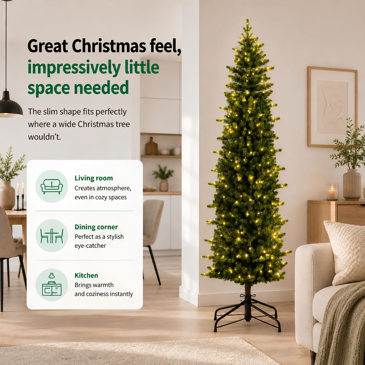 A slim artificial Christmas tree with lights stands in a cozy living room.