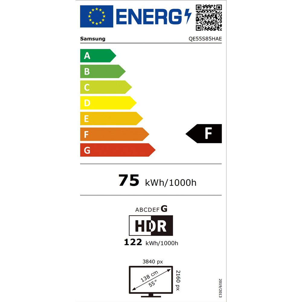 Samsung EU-Energielabel zeigt Klasse F, Energieverbrauch 75 kWh/1000h und 55-Zoll-Bildschirm.