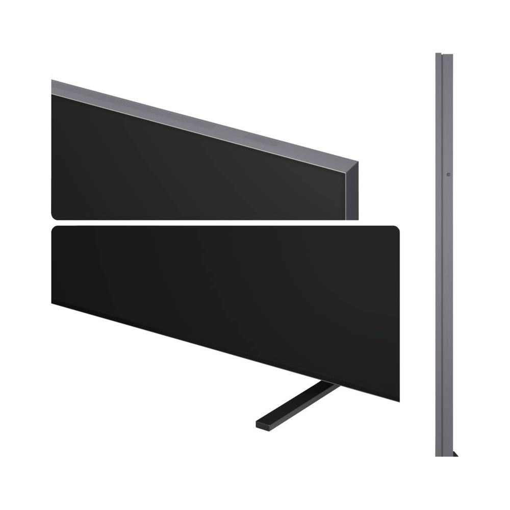 Téléviseur à écran plat noir avec un pied gris, vu de face et de profil.