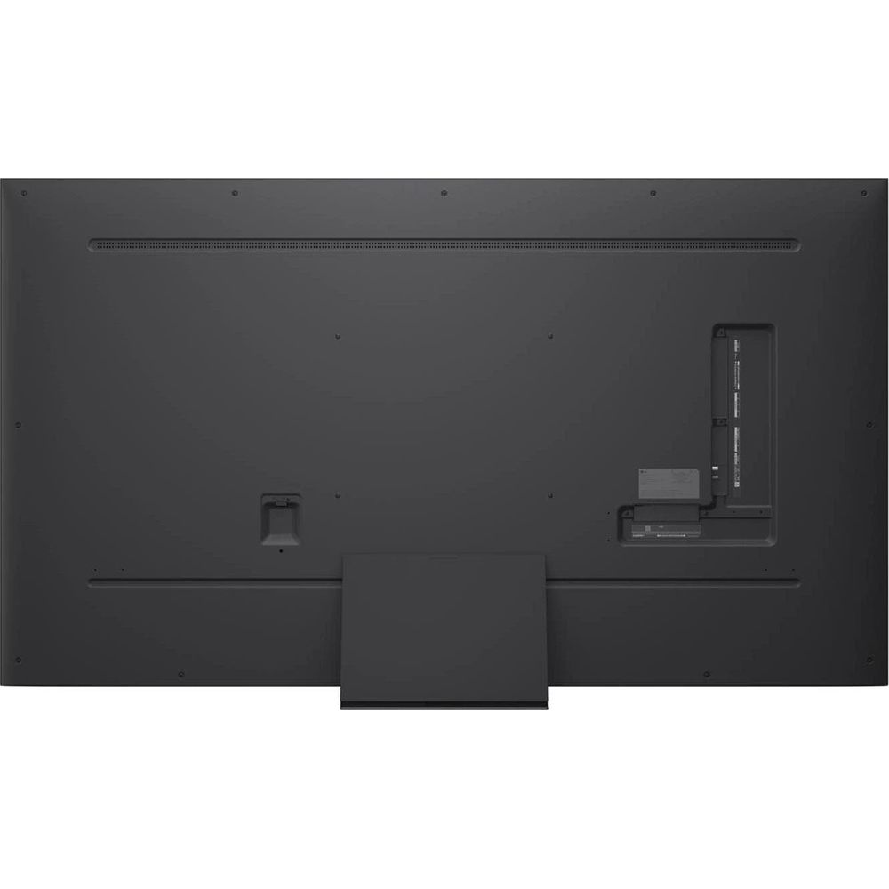 Vue arrière d'un téléviseur noir avec un pied intégré et des ports de connexion visibles sur le côté.