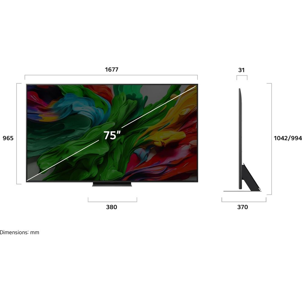 Dessin technique d'un téléviseur de 75 pouces avec dimensions en millimètres.
