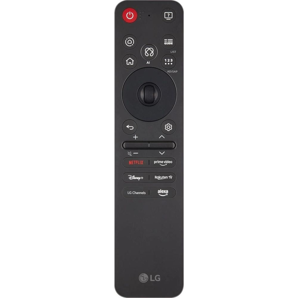 Télécommande noire pour téléviseur LG avec navigation circulaire, roulette centrale et boutons d'accès rapide.