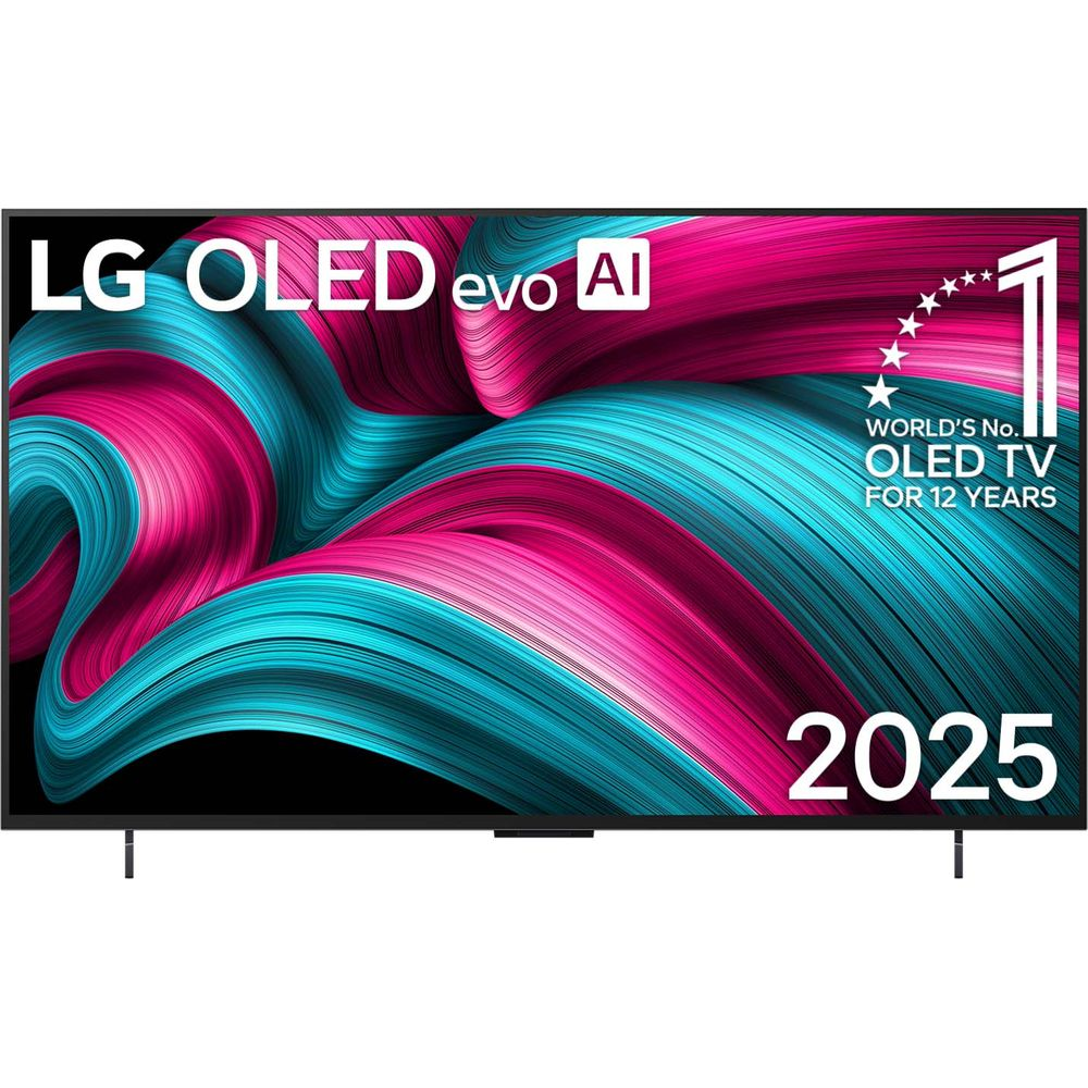 Televisore LG OLED evo AI con un motivo di visualizzazione astratto e colorato in rosa e turchese.