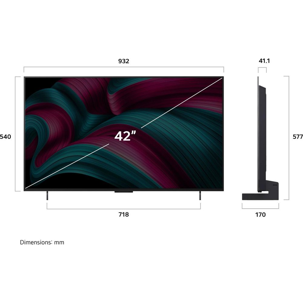 Diagramma che mostra le dimensioni di un televisore da 42 pollici in millimetri da davanti e di lato.