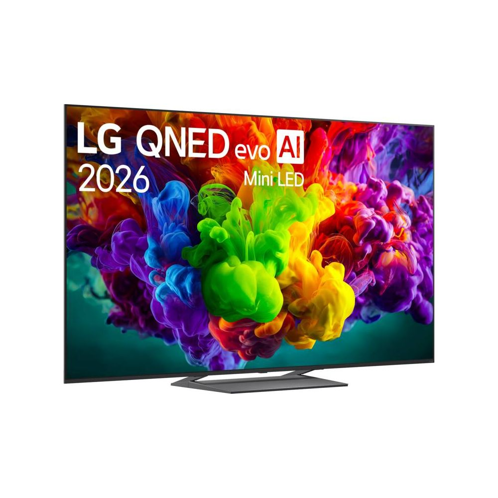 Un téléviseur LG QNED evo AI Mini LED affichant un graphique de fumée coloré et du texte blanc.