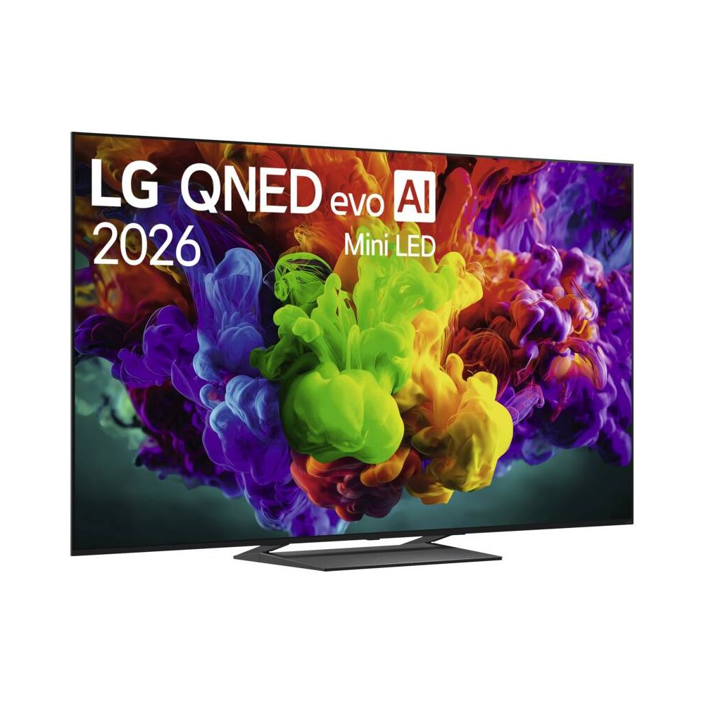 Un téléviseur LG QNED Mini LED avec un écran abstrait et coloré sur un pied.