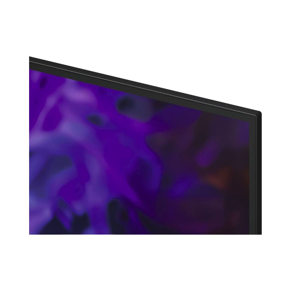 Gros plan sur le cadre supérieur droit d'un téléviseur noir affichant un écran violet abstrait.