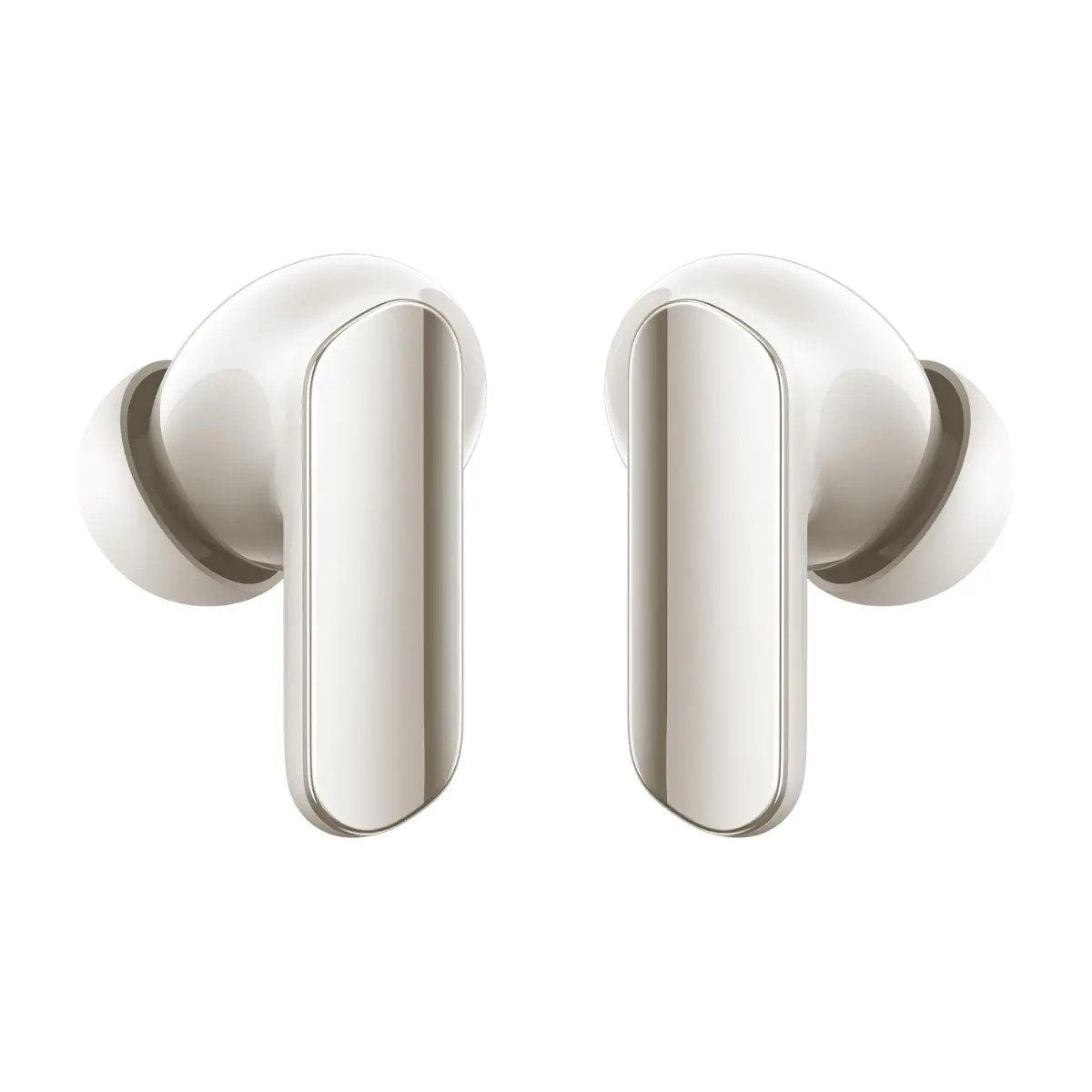 Due auricolari wireless bianchi con steli lucidi su sfondo bianco.