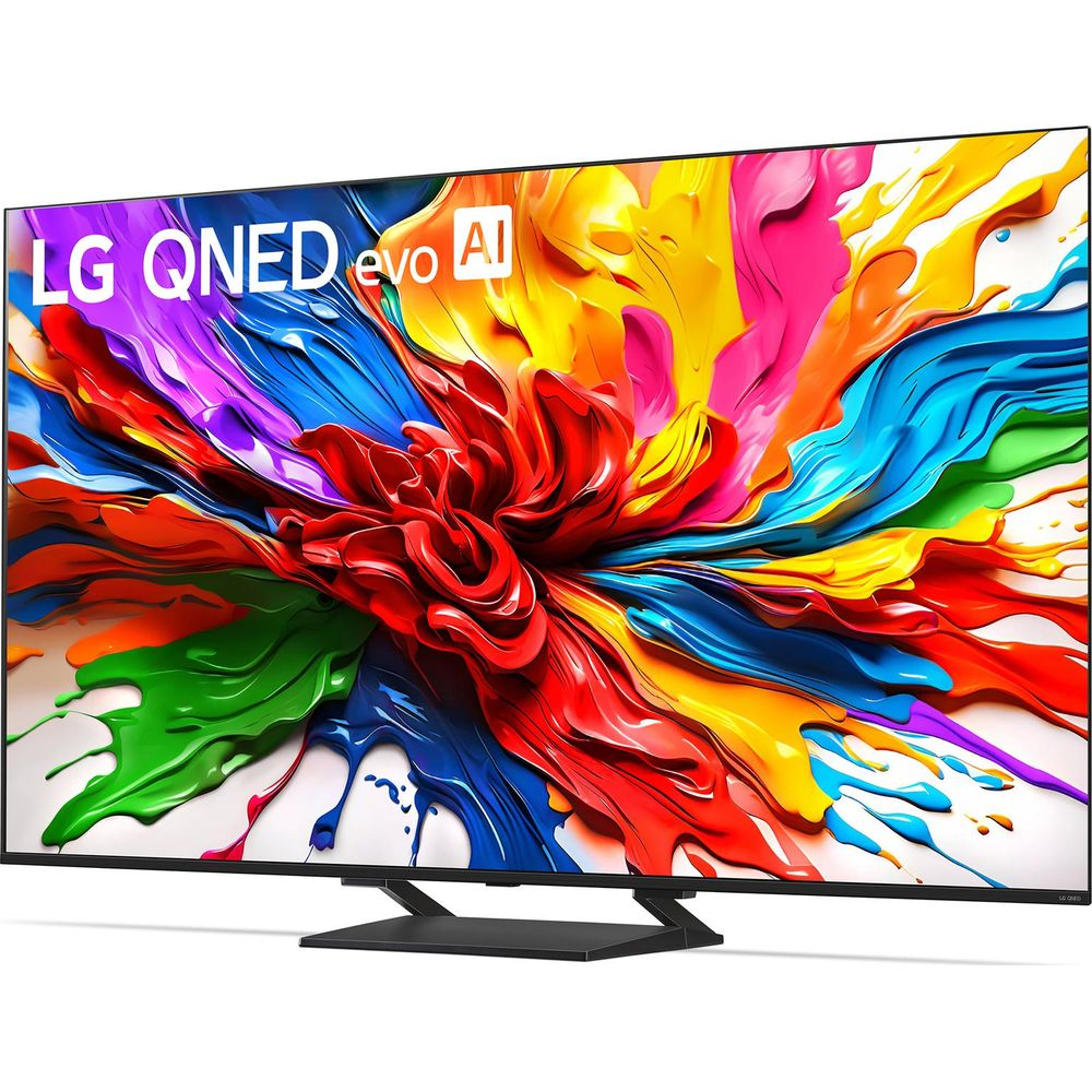 Un téléviseur LG QNED evo AI affiche un design éclatant et coloré d'éclaboussures de peinture.