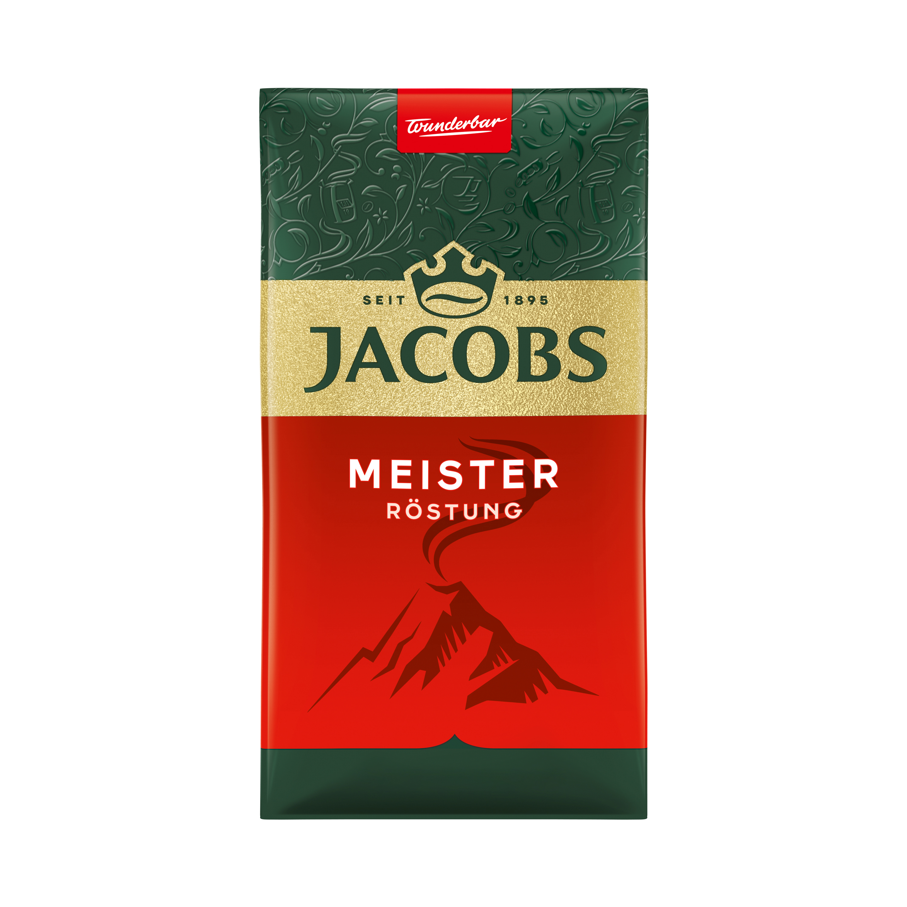 Jacobs Meister Röstung Kaffeeverpackung in Rot, Gold und Grün mit Bergmotiv und Krone.