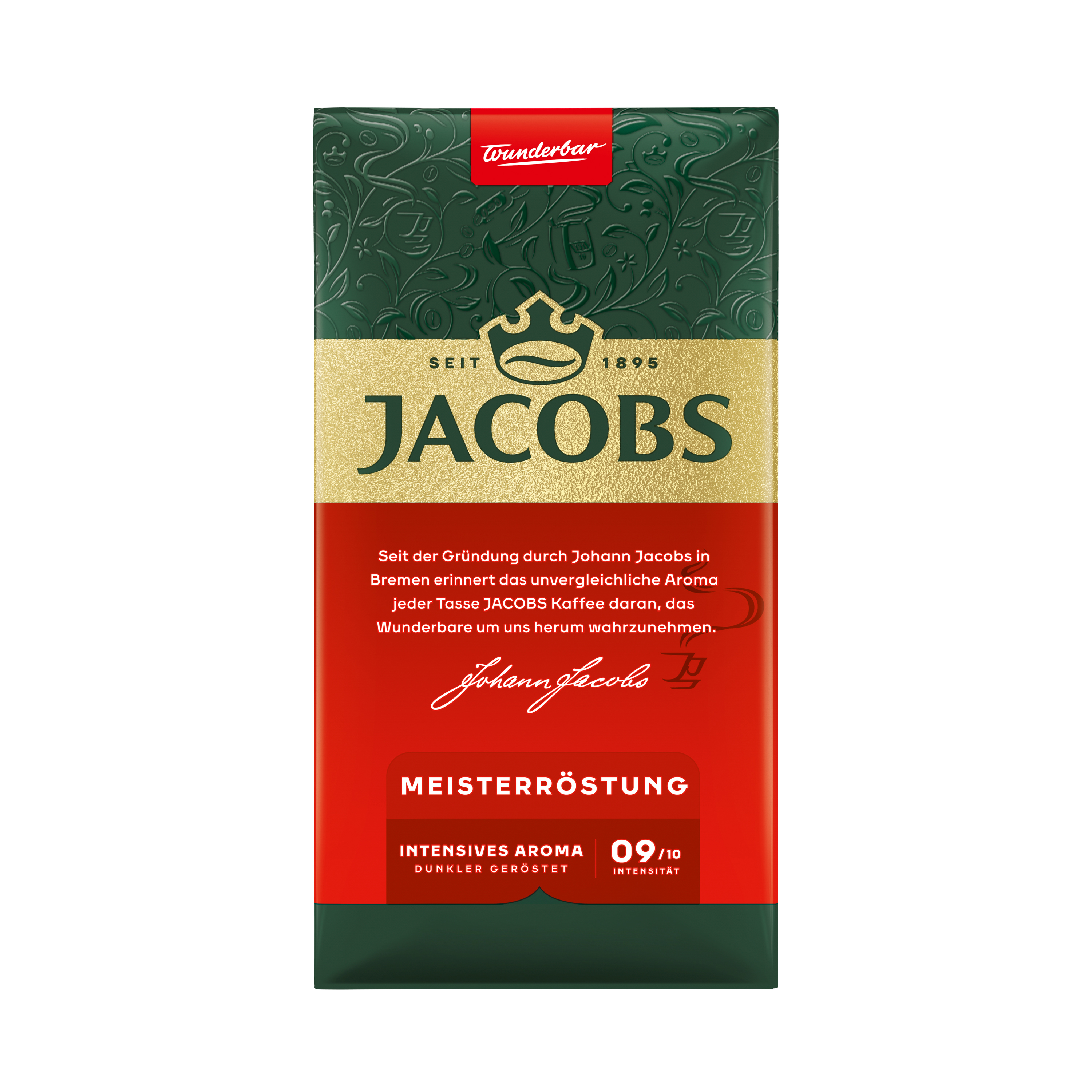 Jacobs Meisterröstung Kaffeepackung mit grünem Muster, goldenem Logo und rotem Text auf Vorderseite.