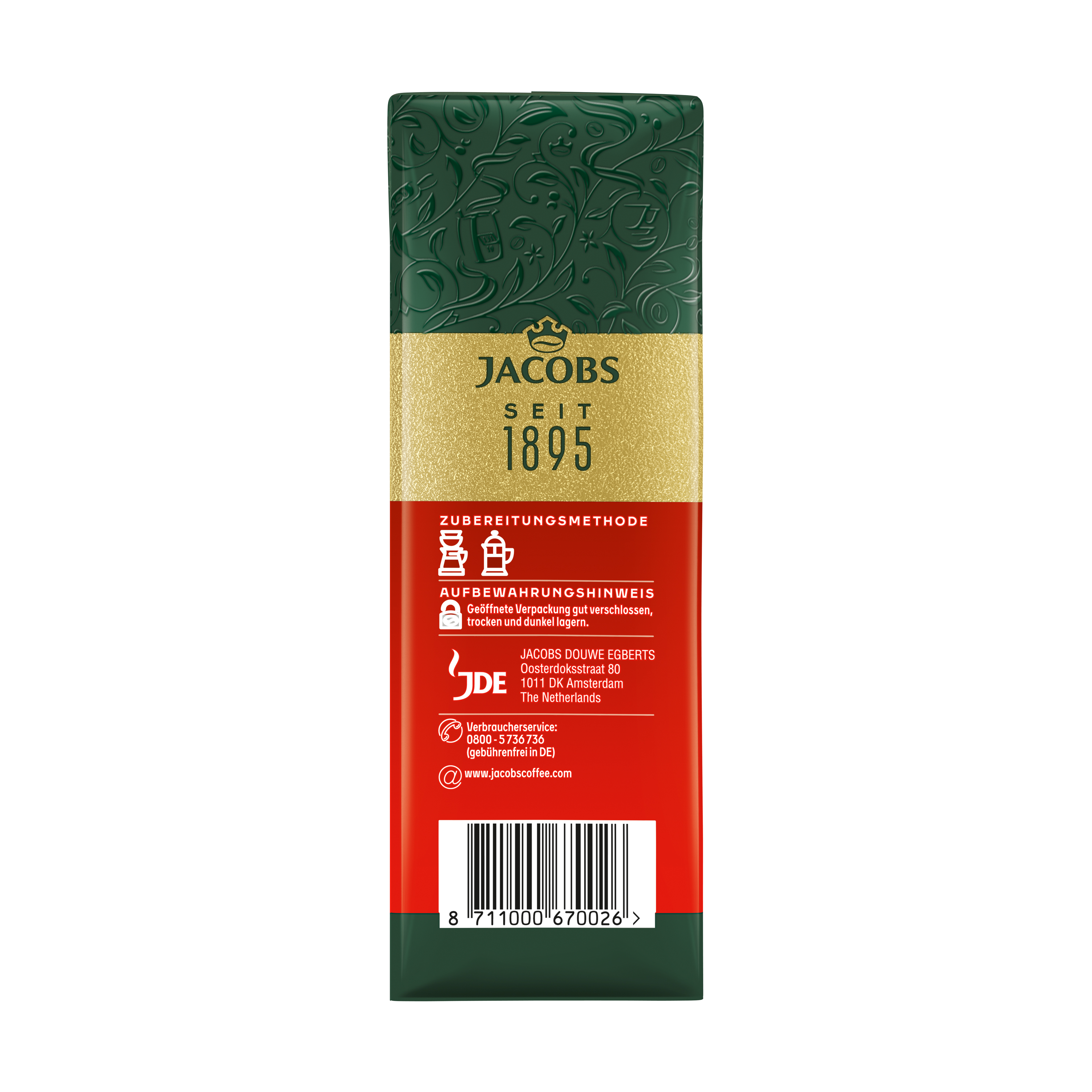 Rückseite einer Jacobs Kaffeeverpackung mit goldenem Logo, Zubereitungshinweisen, Herstellerdetails und Strichcode.
