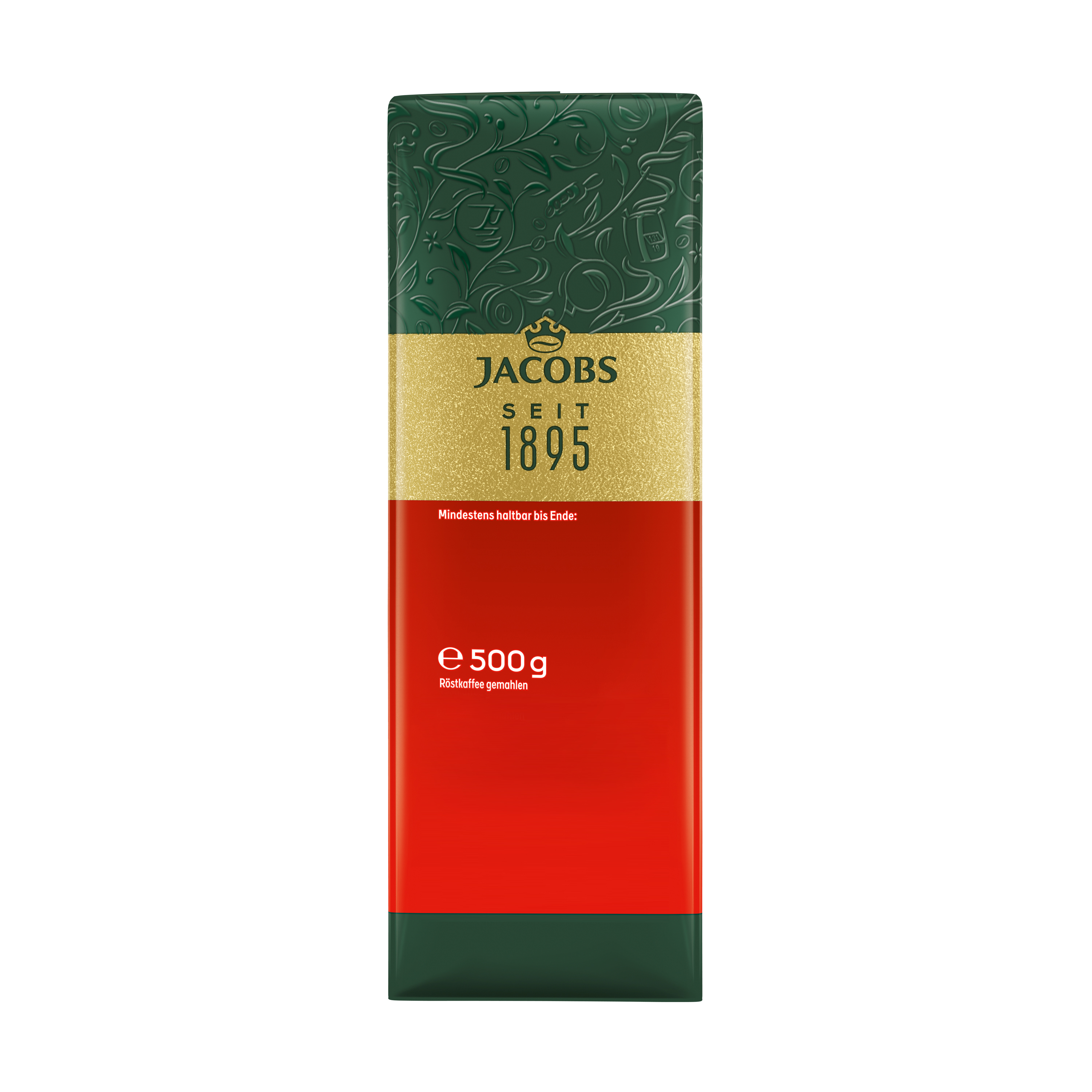 Eine Jacobs 500g Kaffeeverpackung mit grünem, goldenem und rotem Design.