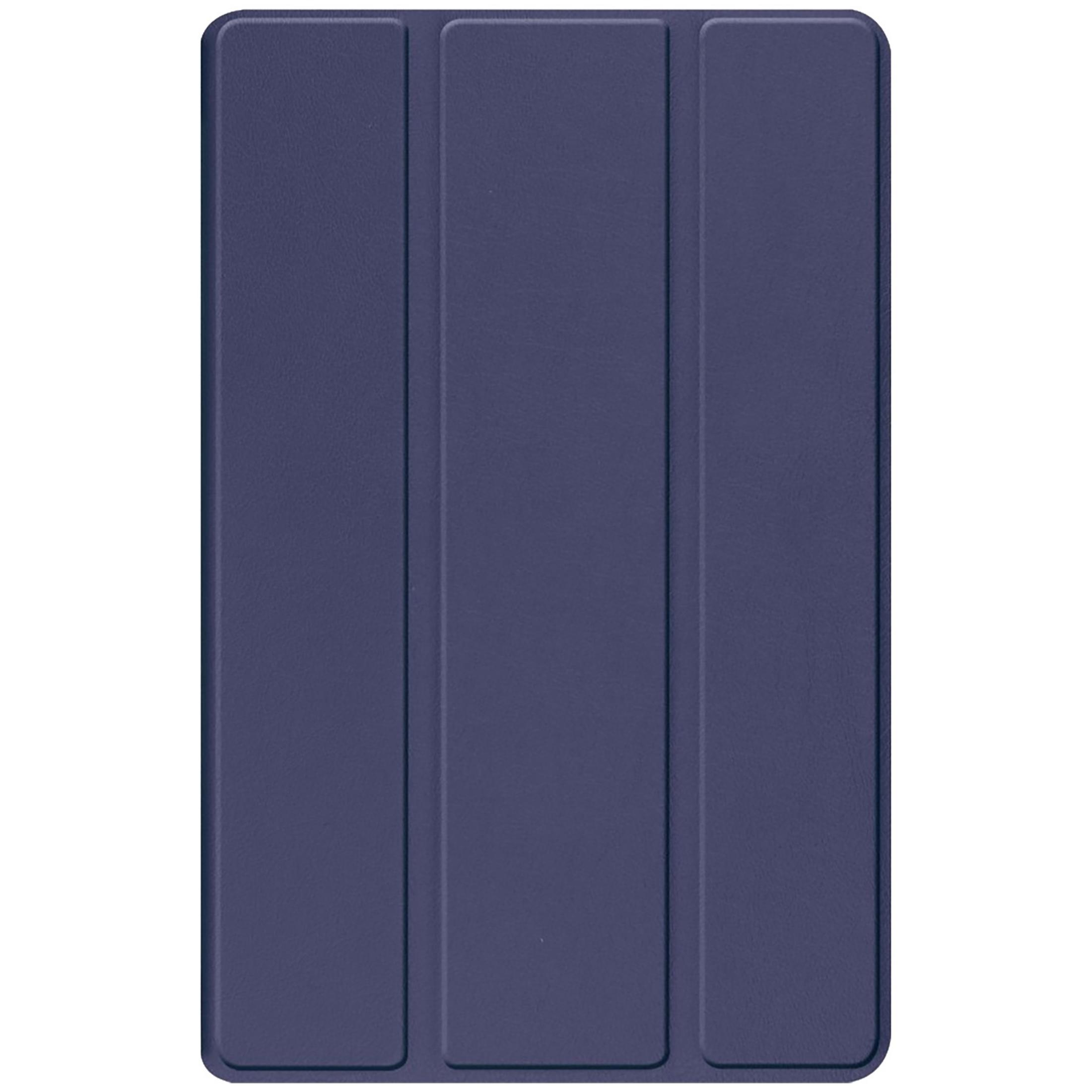 Ein marineblauer, faltbarer Tablet-Ständer und -schutz mit drei vertikalen Paneelen.