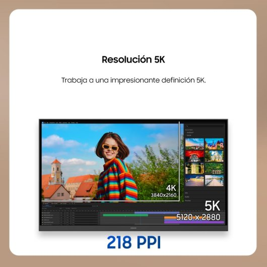 Monitor zeigt 5K-Auflösung mit 218 PPI und ein buntes Bild einer Frau vor Gebäuden.