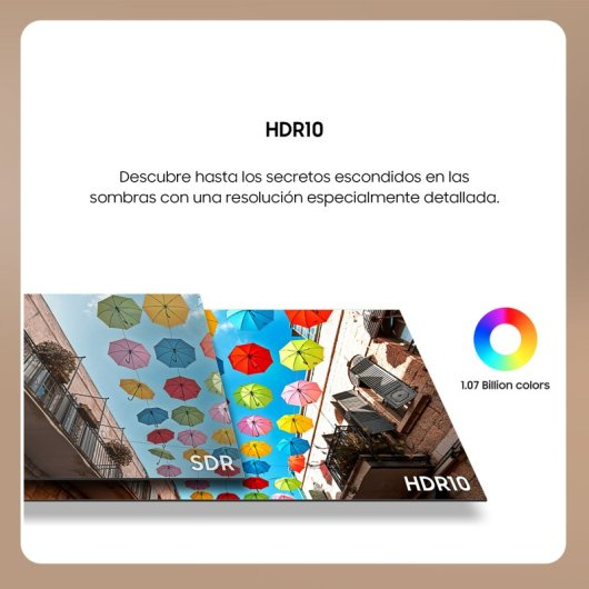 Vergleich von SDR und HDR10 zeigt bunte Schirme unter blauem Himmel mit lebendigen Details.