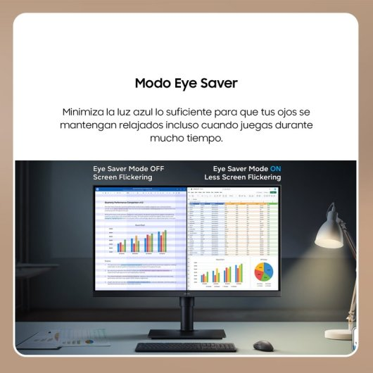 Geteilter Monitorvergleich mit und ohne Augen-Schonmodus auf einem Schreibtisch mit Lampe, Tastatur und Maus.