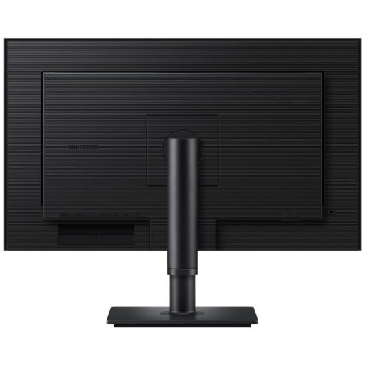Rückseite eines schwarzen Samsung-Monitors auf einem Standfuß mit horizontalen Linienmustern.