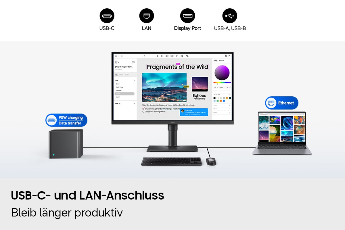 Diagramm zeigt Monitor verbunden mit PC und Laptop, mit USB-C- und LAN-Symbolen oben.