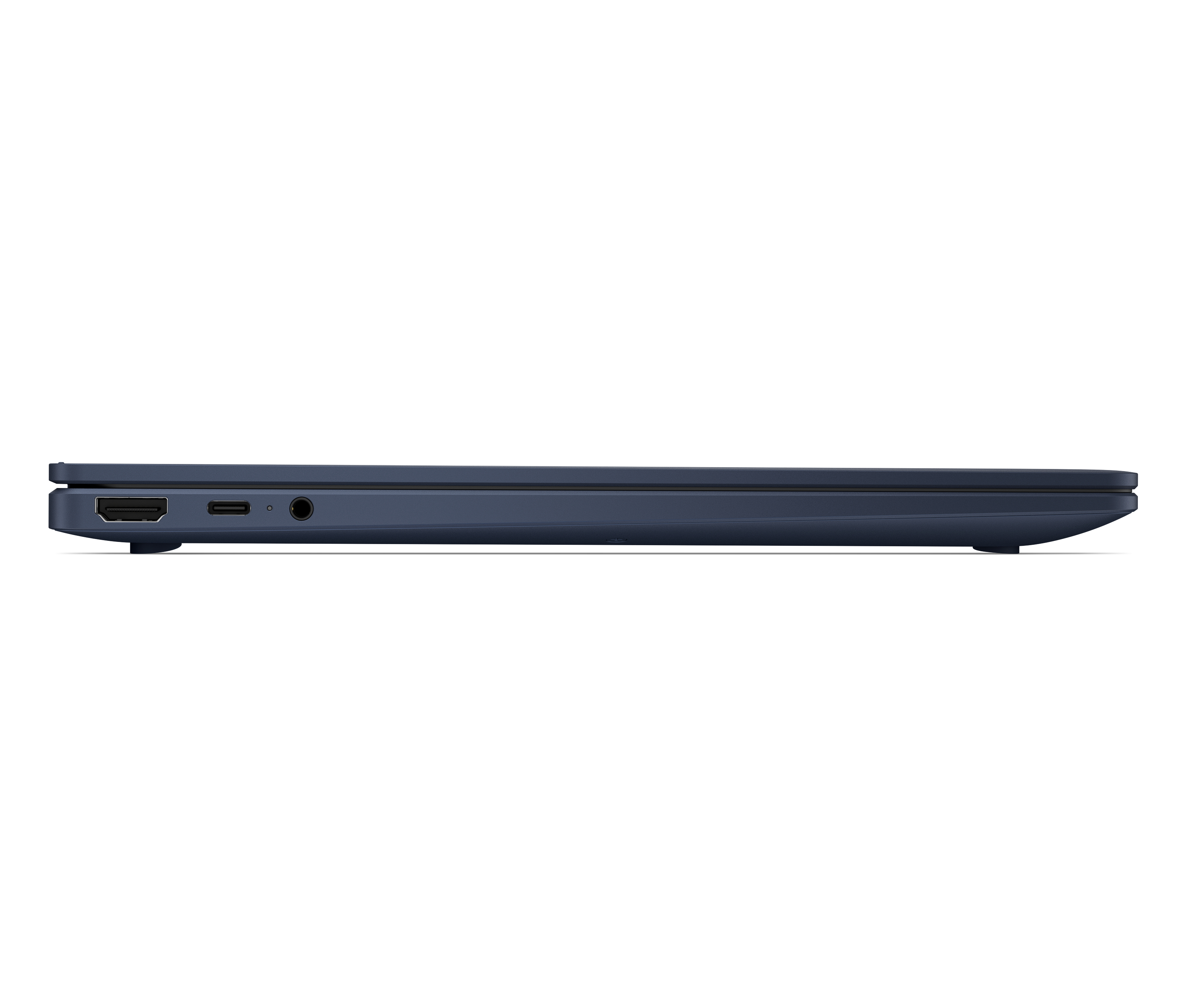 Left side profile of a closed blue laptop featuring HDMI, USB-C, and audio ports against a white background.