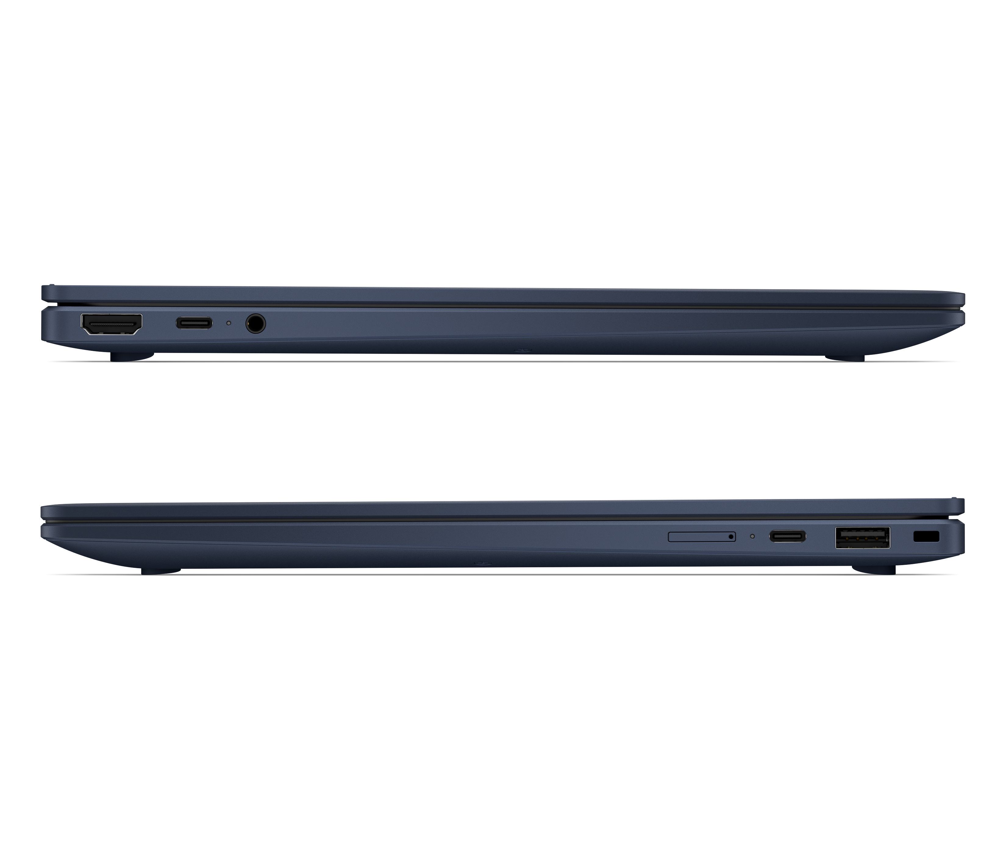 Two side views of a dark blue laptop, showing various ports like USB, USB-C, and HDMI against a white background.
