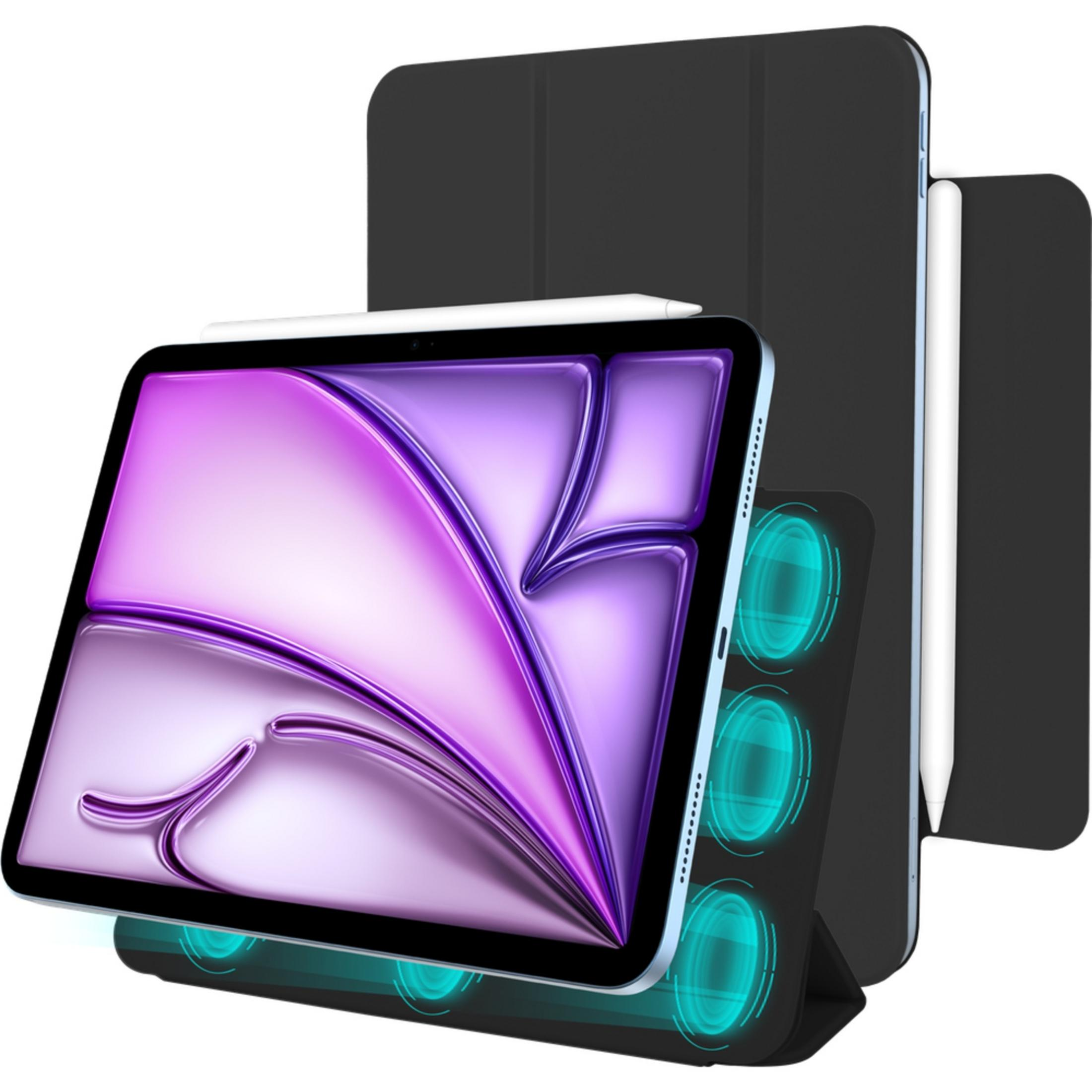 Ein Tablet mit lilafarbenem Display steht auf einem schwarzen Magnetständer mit blauem Licht.