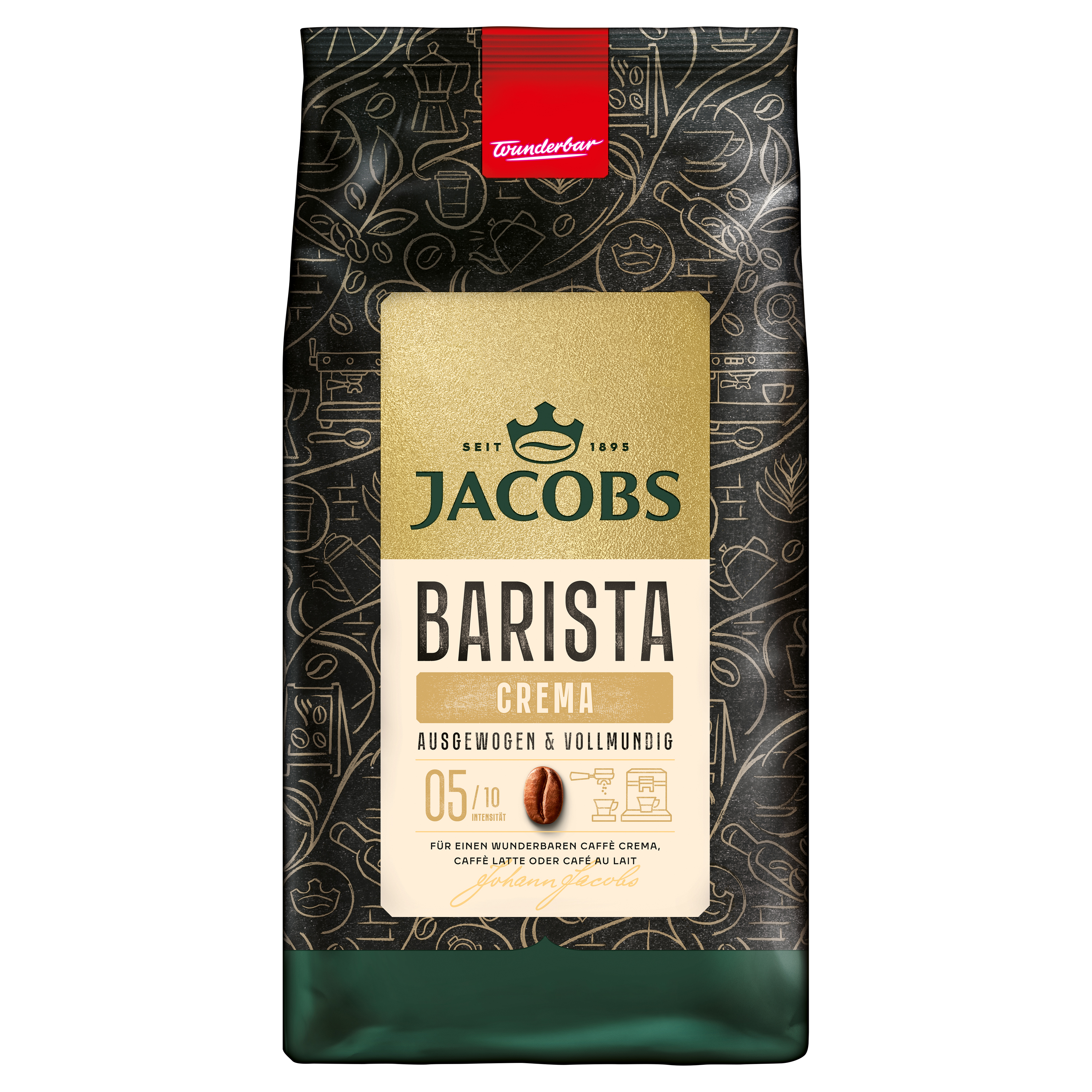 Jacobs Barista Crema Kaffeebohnenpackung mit goldener Etikette, Kaffeesymbolen und Intensität 5.