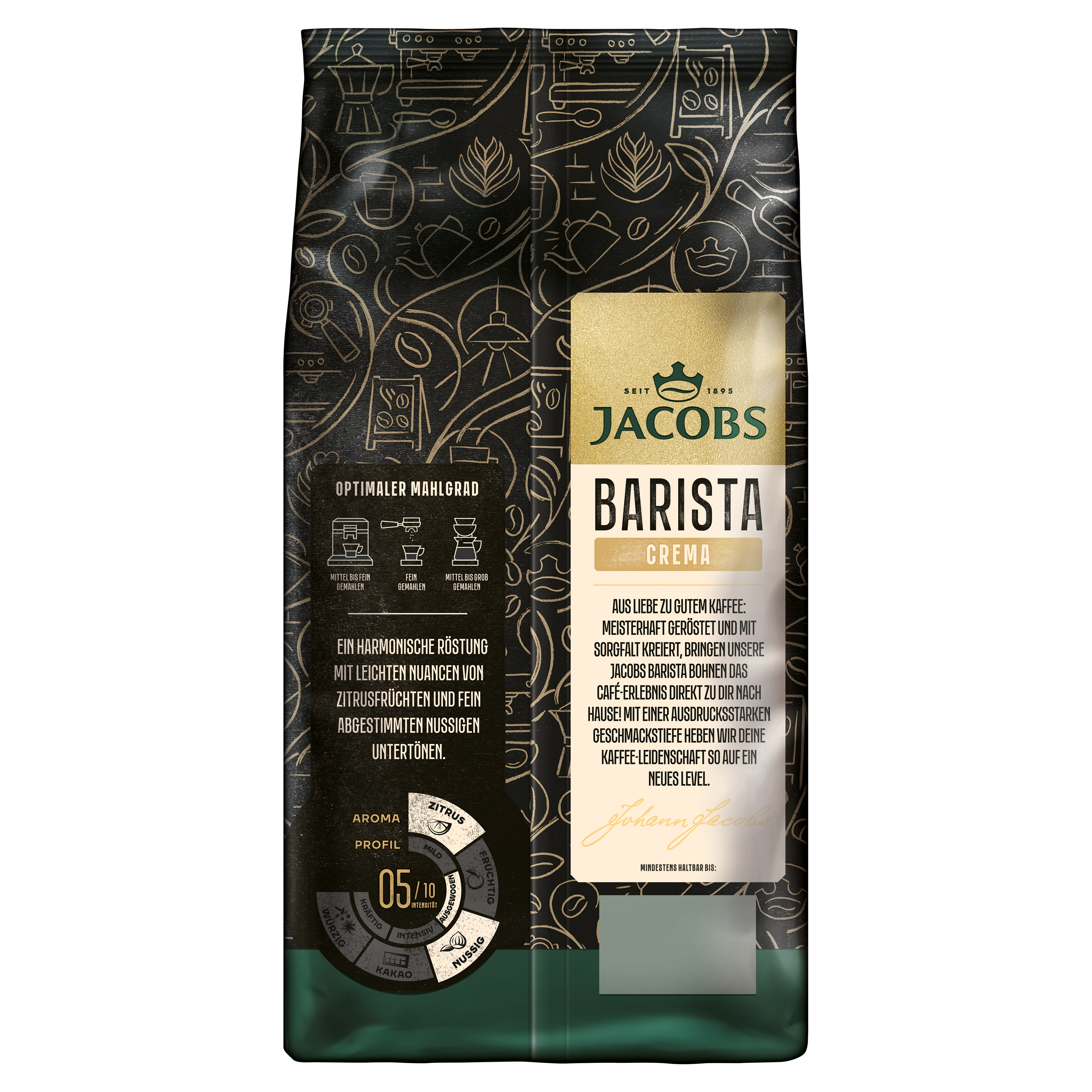 Schwarze Kaffeetüte von Jacobs Barista Crema mit goldener Aufschrift, Linienzeichnungen und Profilskala.
