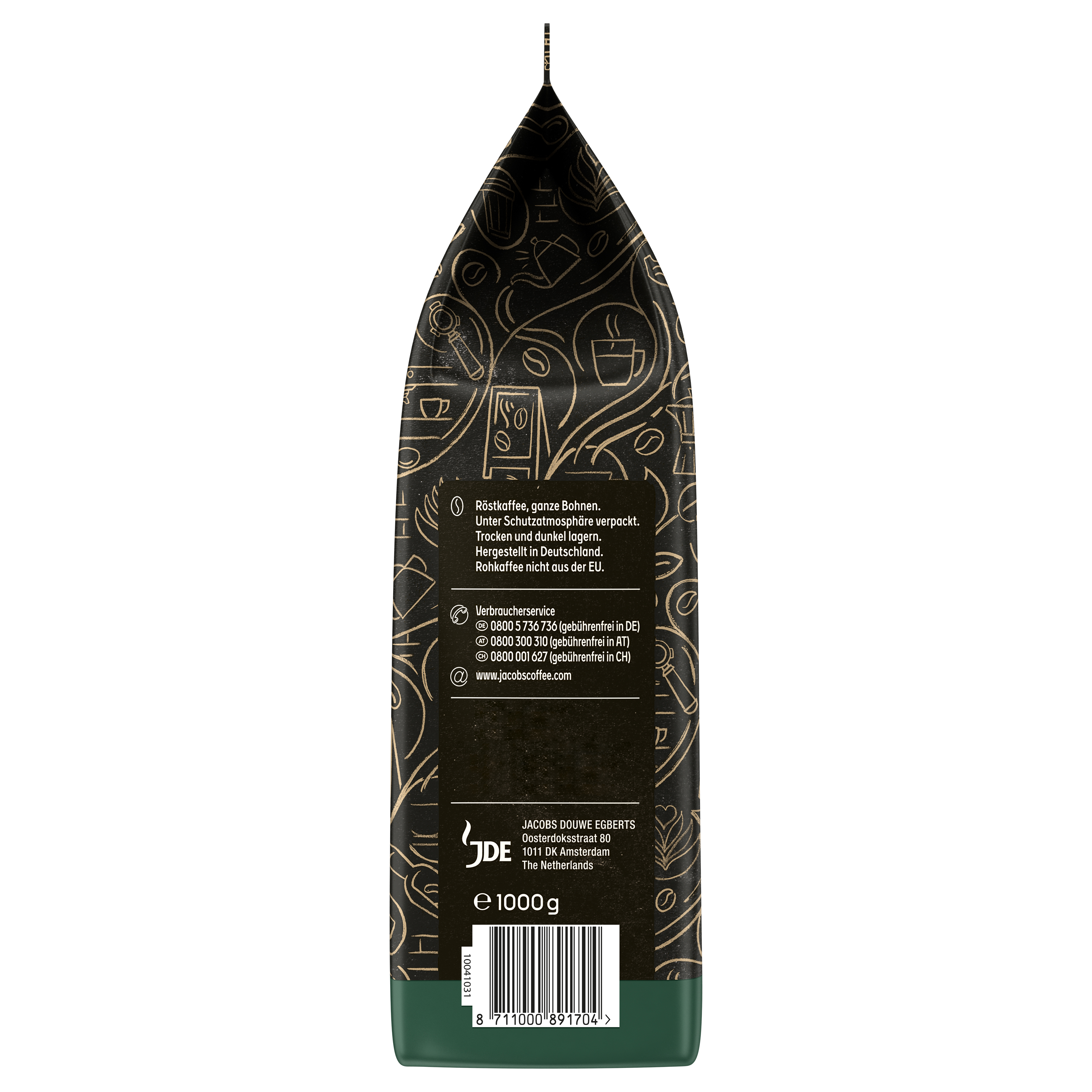 Schwarze Kaffeebohnenverpackung mit goldenen Linienzeichnungen, schwarzem Textfeld, Barcode und 1000g Angabe.