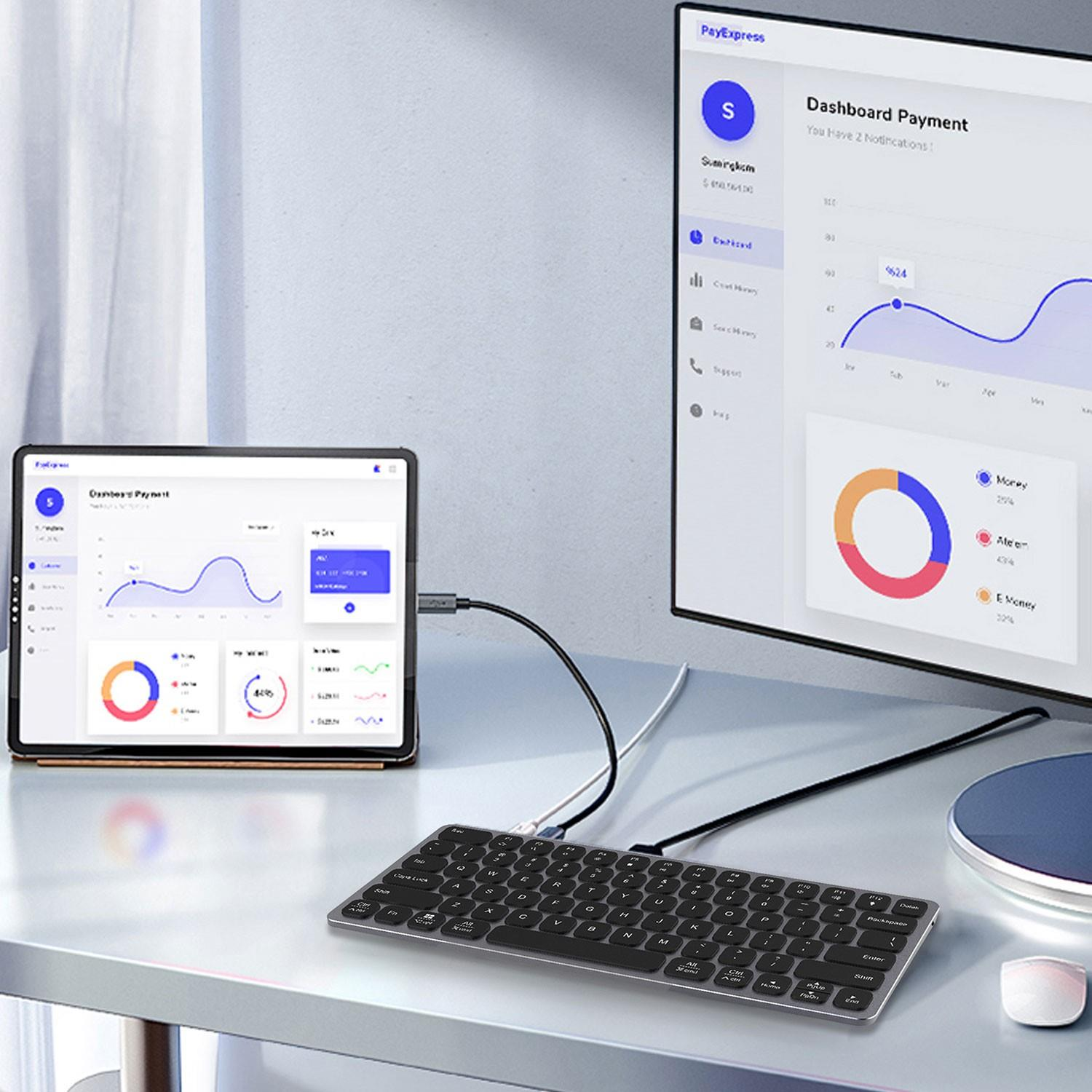 Aydınlık bir odada monitör, grafik gösteren tablet, kompakt klavye ve fare bulunan bir masa.