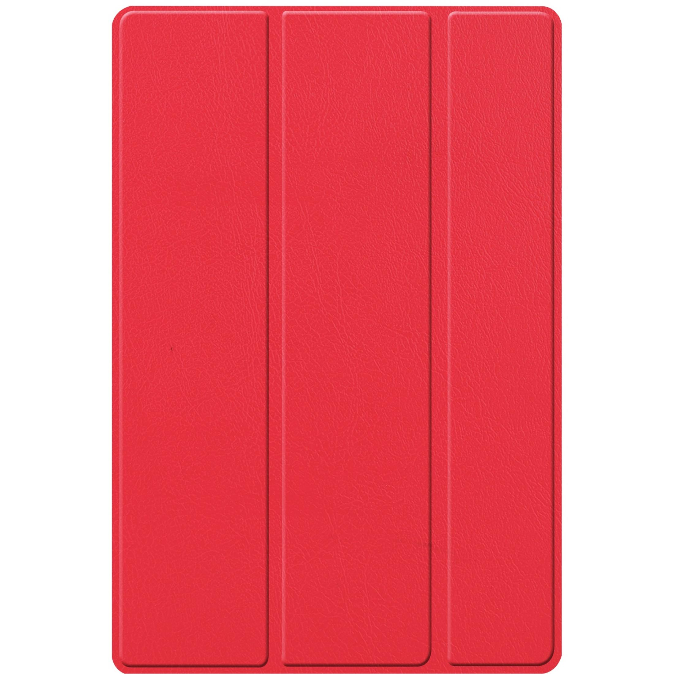Ein rotes Tablet-Cover aus Leder mit drei vertikalen Faltsegmenten vor einem weißen Hintergrund.