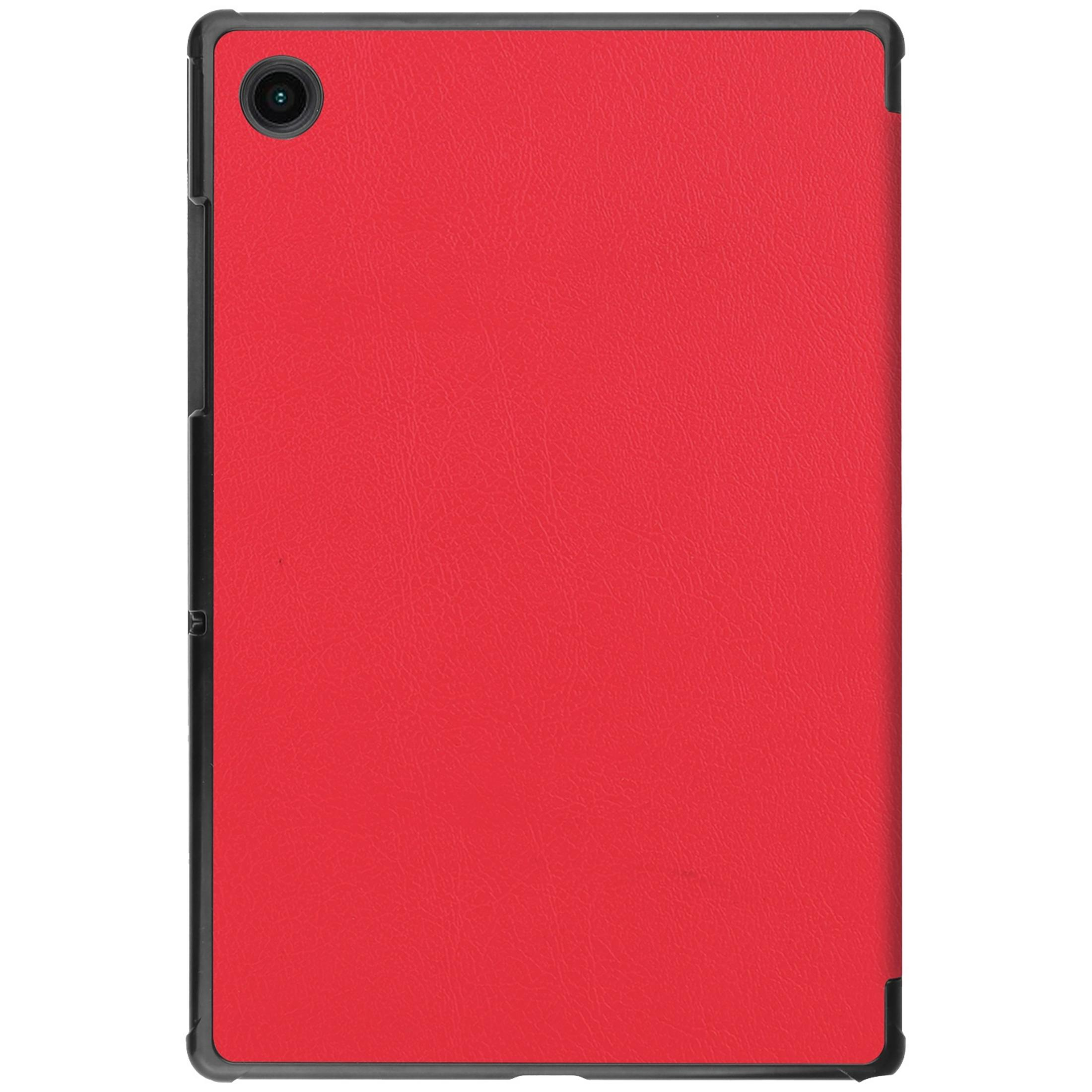 Ein rotes Tablet in schwarzer Schutzhülle, Rückseite mit Kameralinse oben links.
