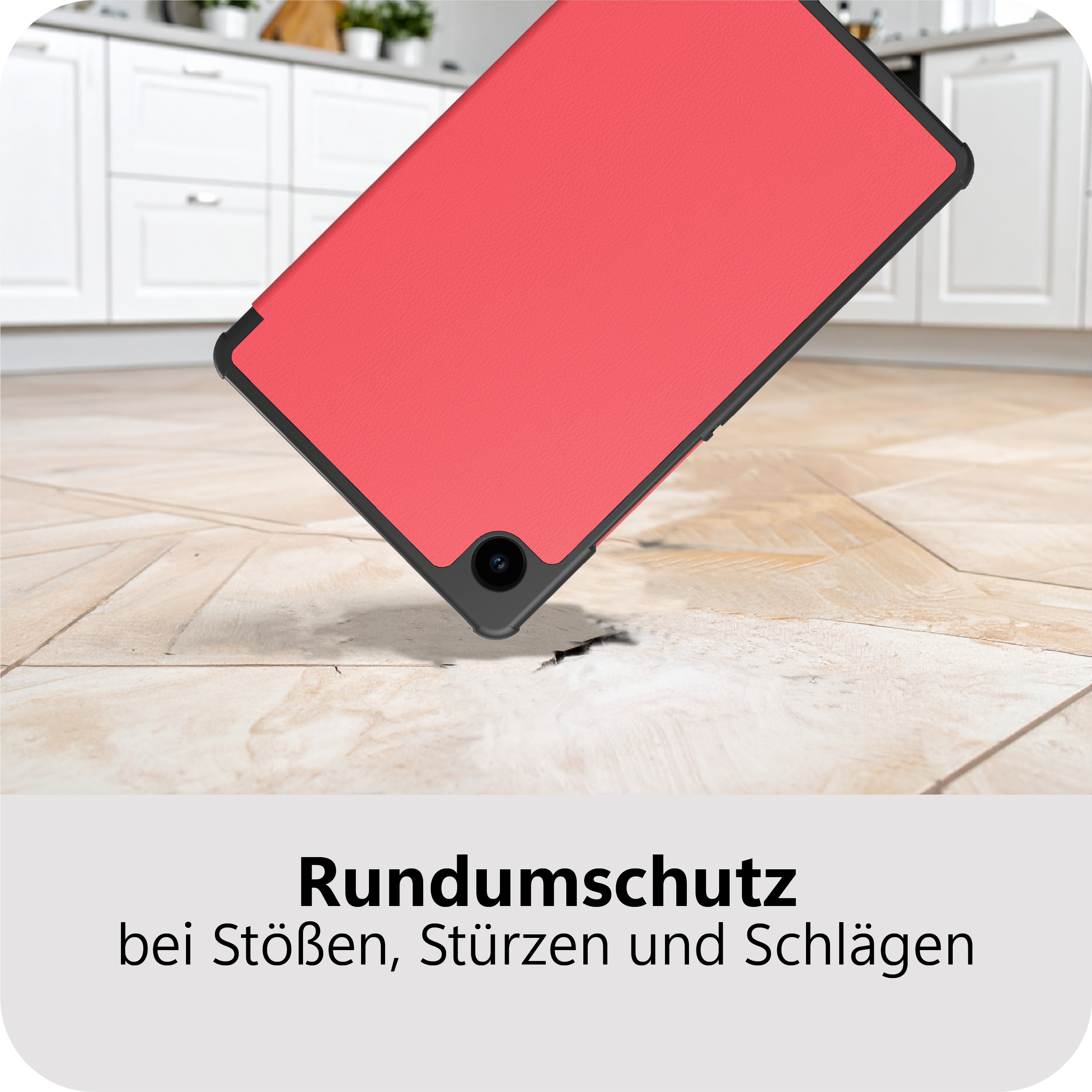 Ein rotes Tablet in einer Hülle schwebt über einem Fliesenboden vor einer Küche.