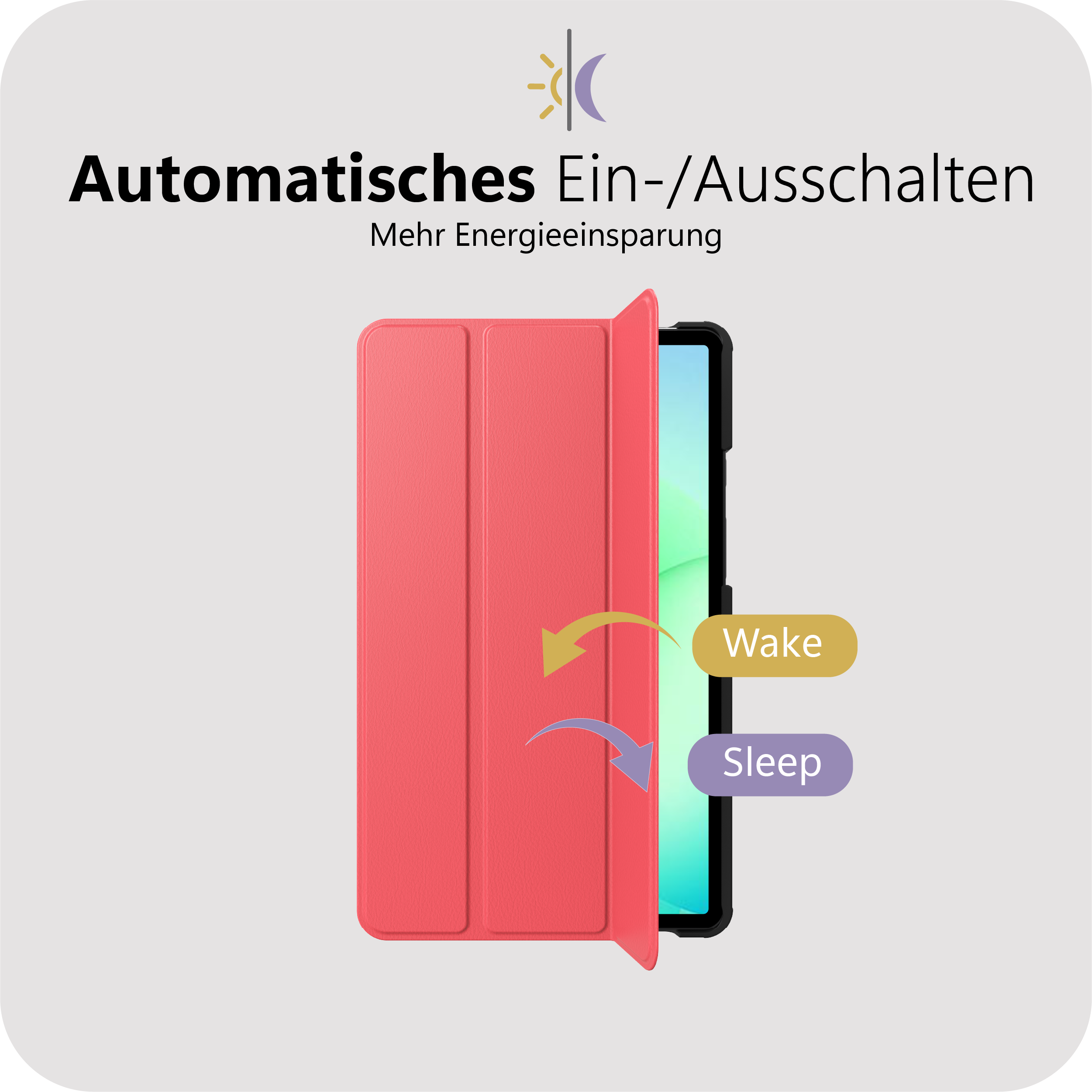 Rosa Tablet-Hülle mit Auto-Sleep/Wake-Funktion und Erläuterung.