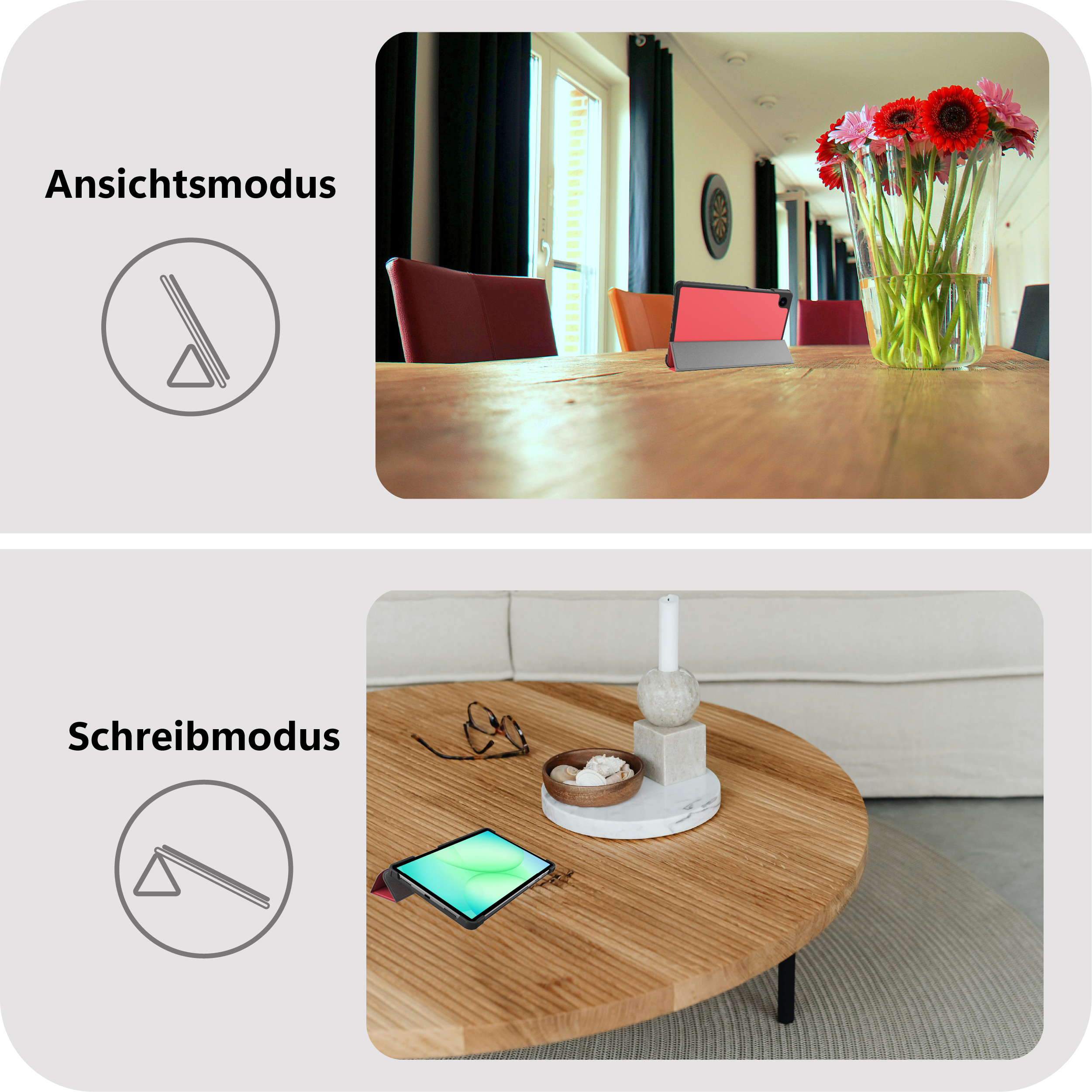 Tablet in Ansichts- und Schreibmodus auf Holztischen in hellen Räumen.