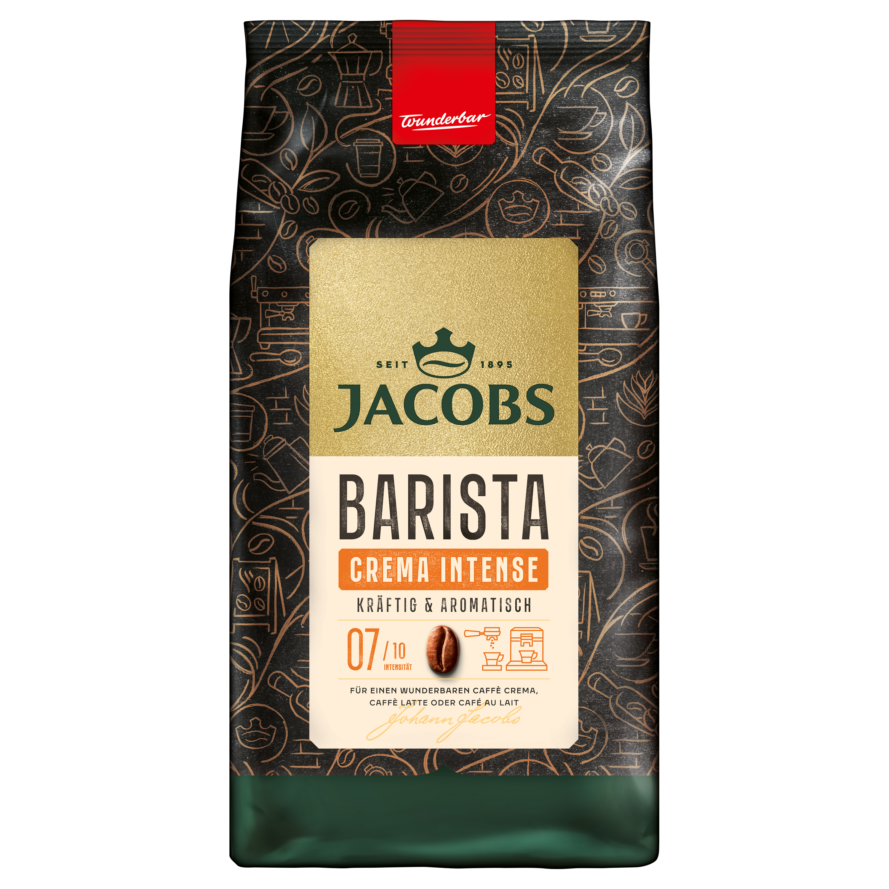 Jacobs Barista Crema Intense Kaffeebohnenpackung mit schwarzem, goldenem und weißem Design.