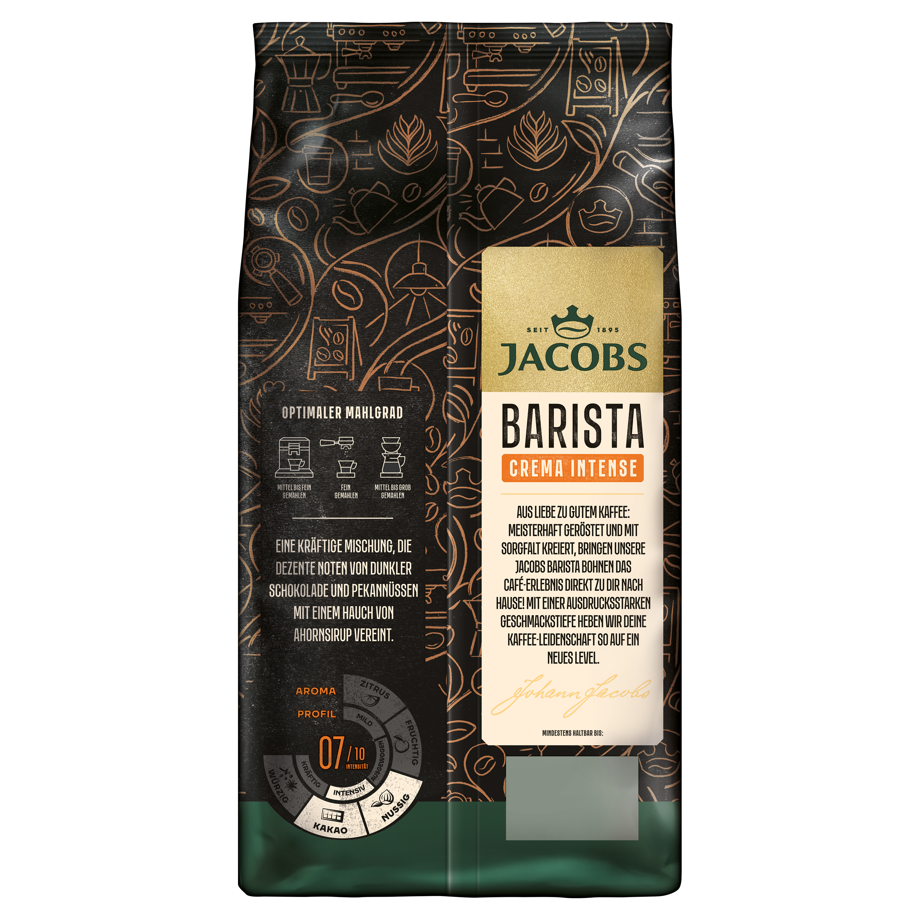 Jacobs Barista Crema Intense Kaffeetüte mit schwarzem Hintergrund, goldenen Akzenten und Kaffeesymbolen.