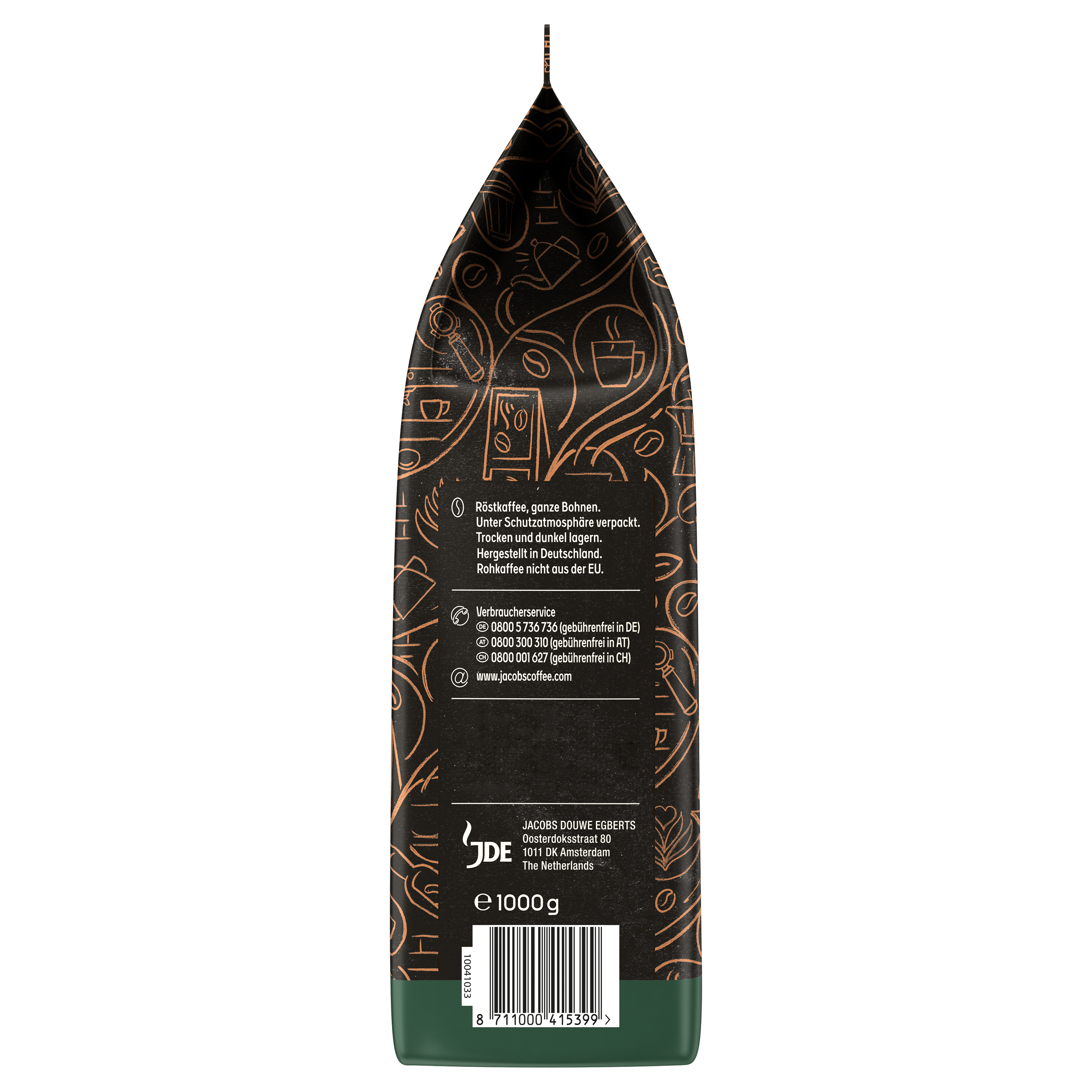 Seitenansicht einer schwarzen Kaffeetüte mit Kupfermuster, Text und Barcode auf grünem Grund.