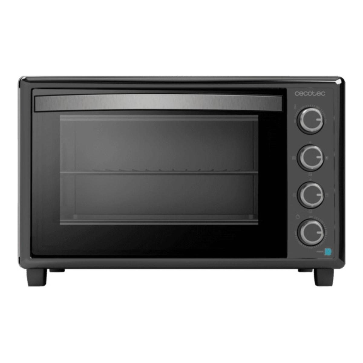 Un forno da tavolo nero con porta in vetro e quattro manopole argentate.