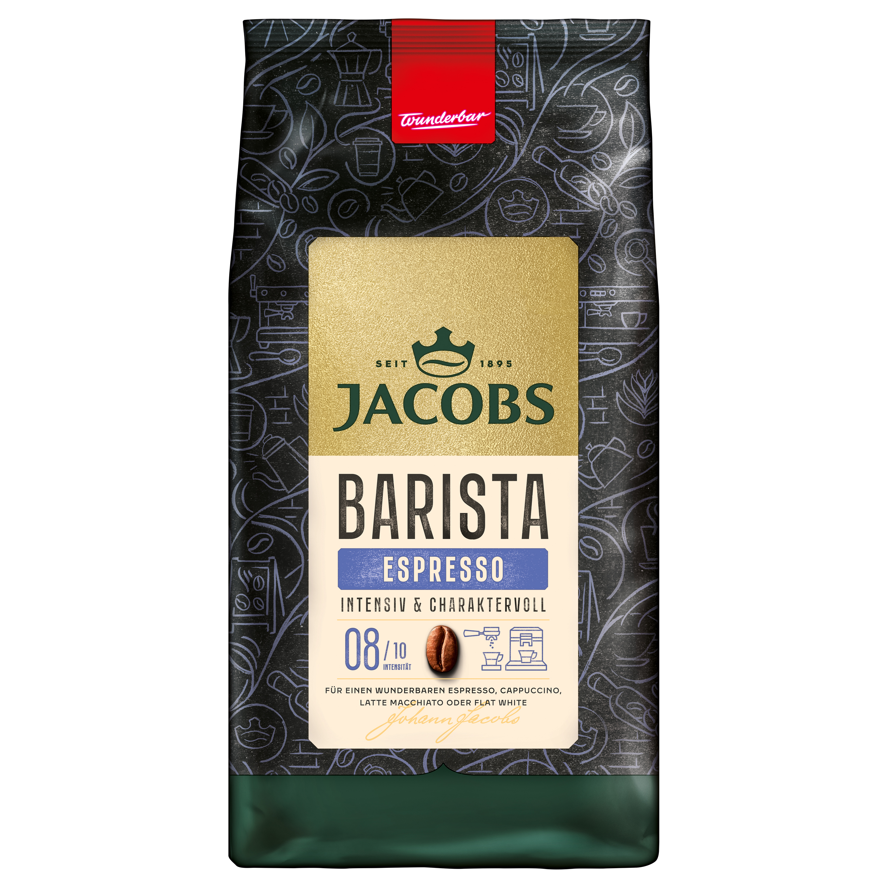 Schwarze Jacobs Barista Espresso Kaffeeverpackung mit goldenem Etikett und Kaffeesymbolen.