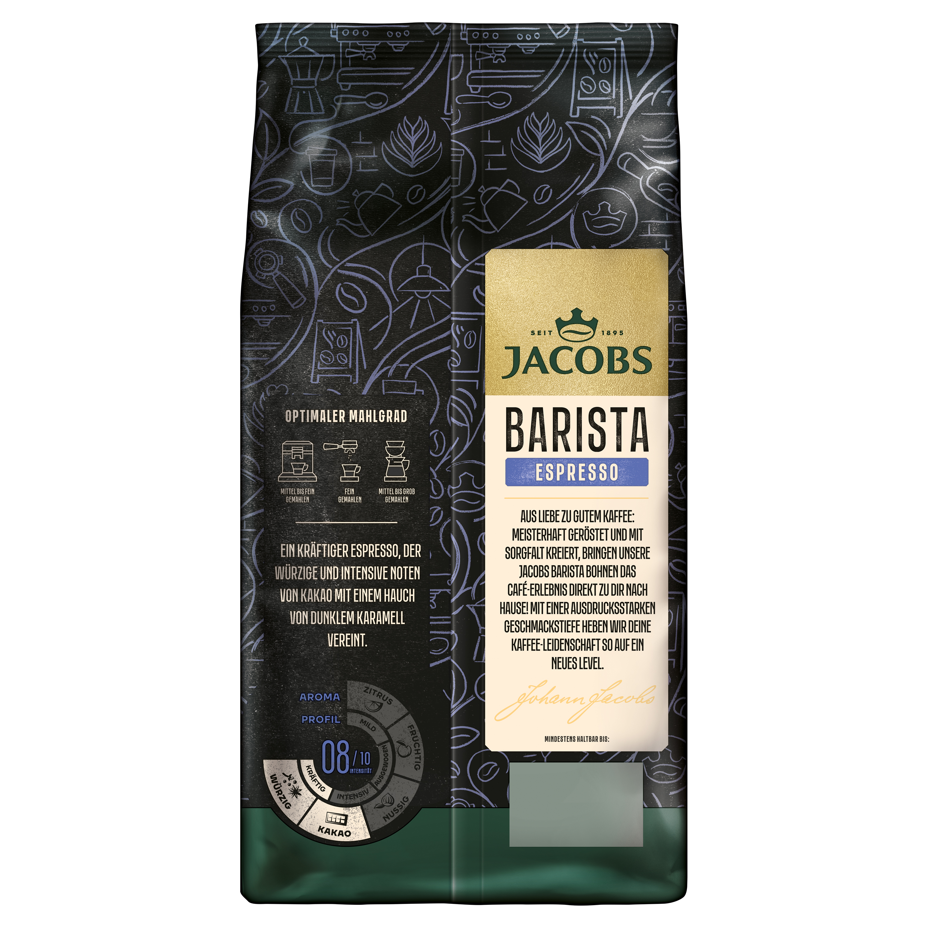 Schwarze Jacobs Barista Espresso Kaffeeverpackung mit goldenen und blauen Akzenten, Text und Kaffeesymbolen.