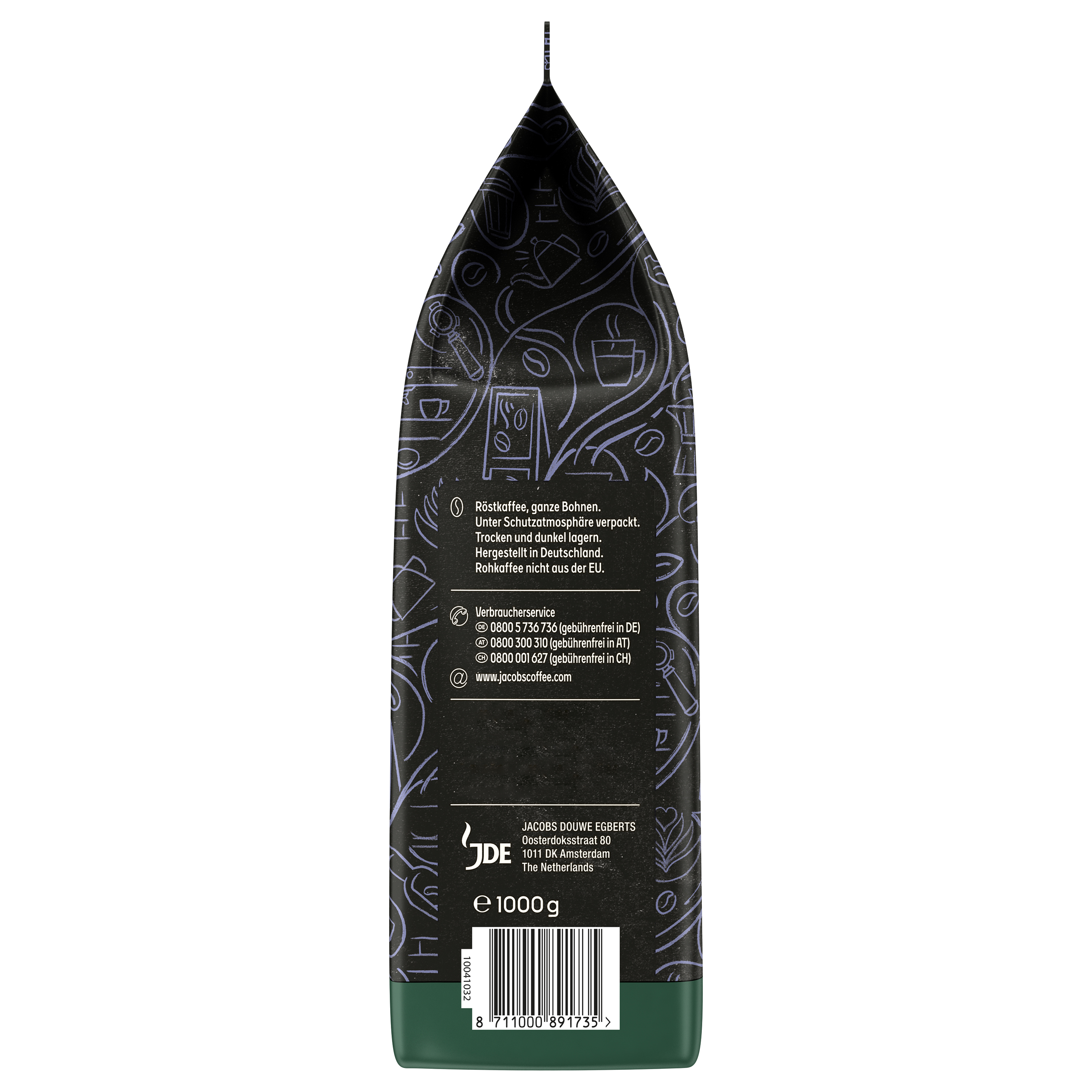 Seitenansicht einer schwarzen Kaffeetüte mit deutscher Beschriftung, Barcode und JDE-Logo unten.