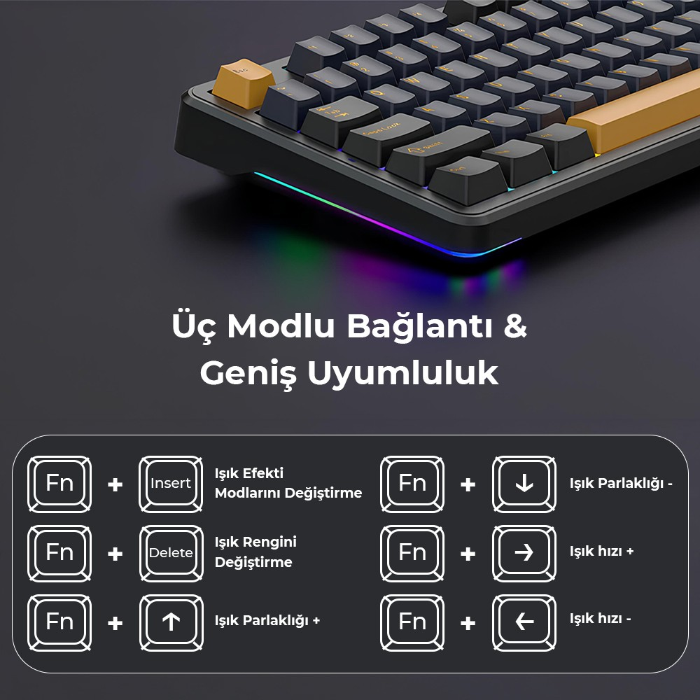 RGB aydınlatmalı siyah mekanik klavye ve fonksiyon tuşu kısayolları kılavuzu.