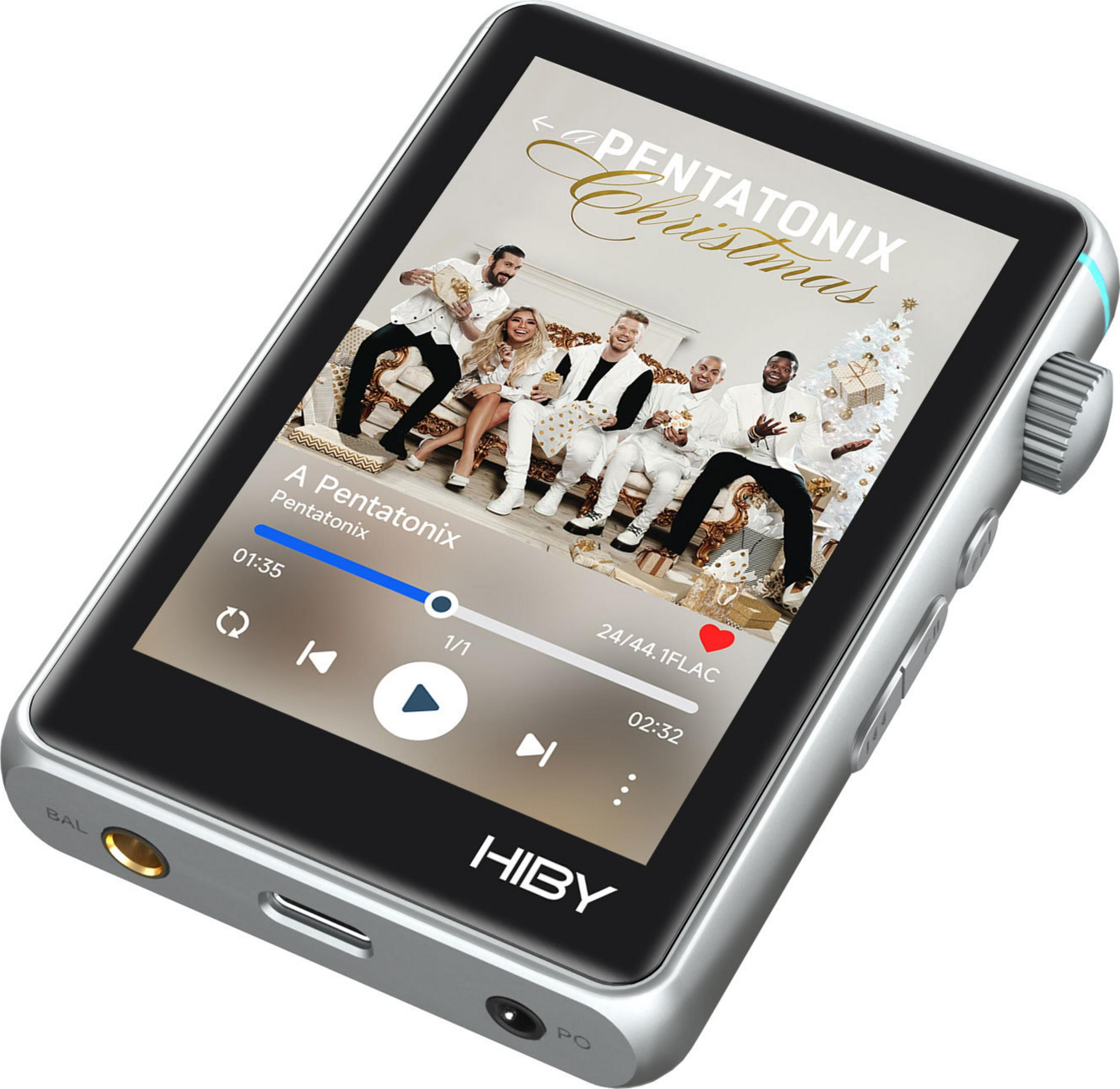 Reproductor de música portátil con pantalla a color que muestra la portada del álbum y controles.