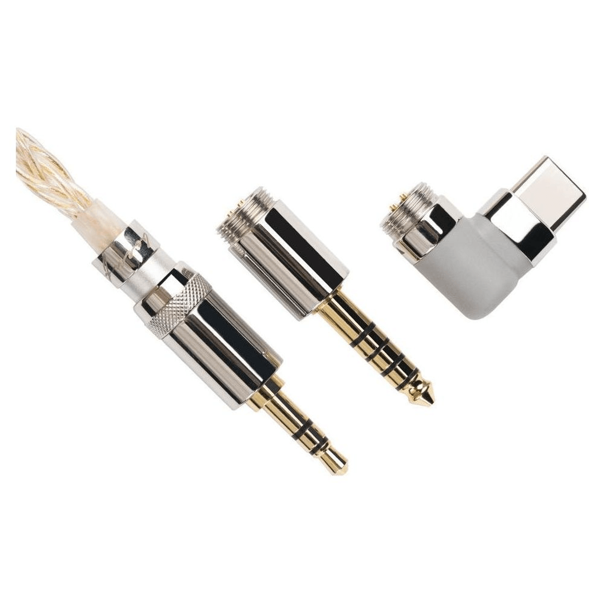 Tres conectores de audio modulares y un cable trenzado sobre fondo blanco.