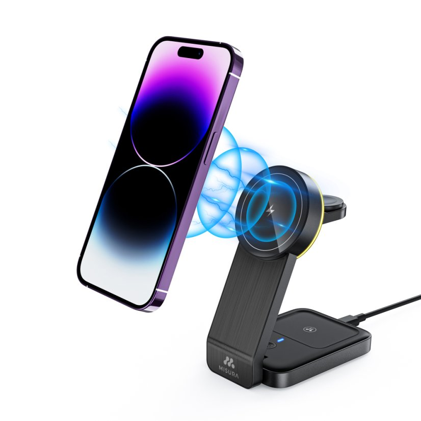 Smartfon ładuje się bezprzewodowo na czarnej stacji ładującej MagSafe na białym tle.