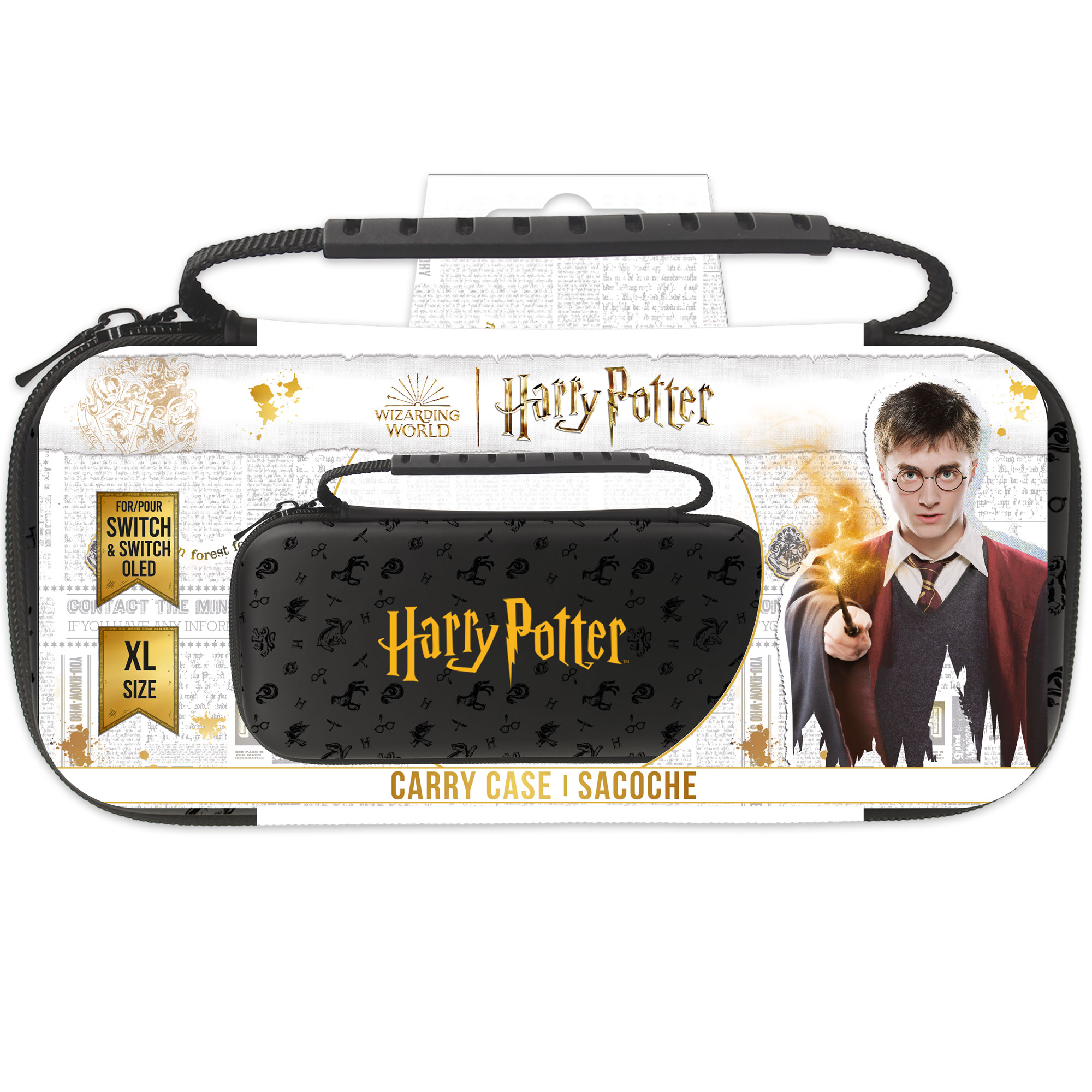 Embalaje de funda XL negra de Harry Potter con marca dorada y Harry Potter lanzando un hechizo.