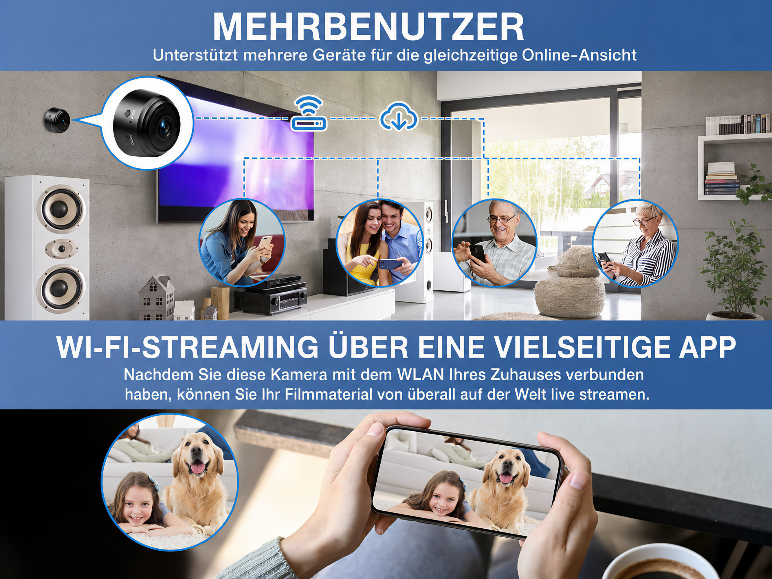 Eine kleine Überwachungskamera streamt Live-Video von zu Hause an verschiedene Personen auf Mobiltelefonen.