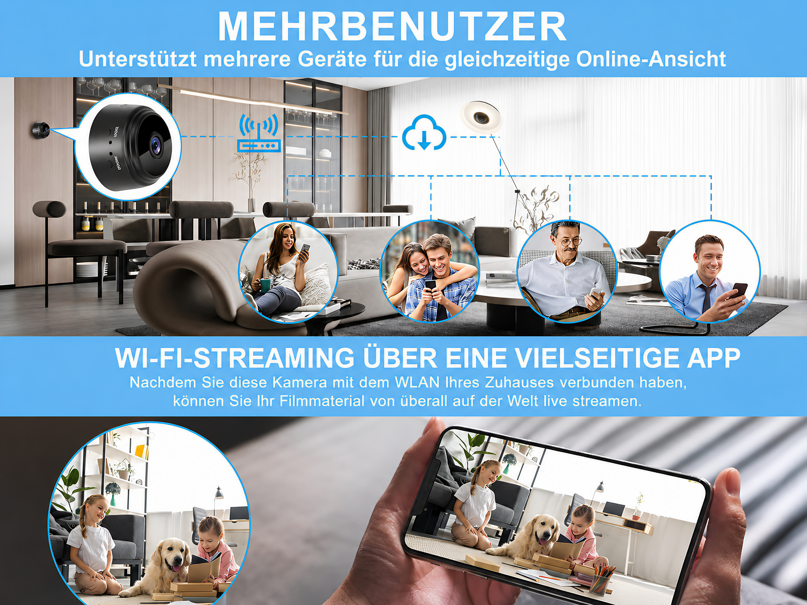Diagramm zeigt WLAN-Kamera für Live-Streaming auf mehrere Smartphones mit verschiedenen Nutzern.