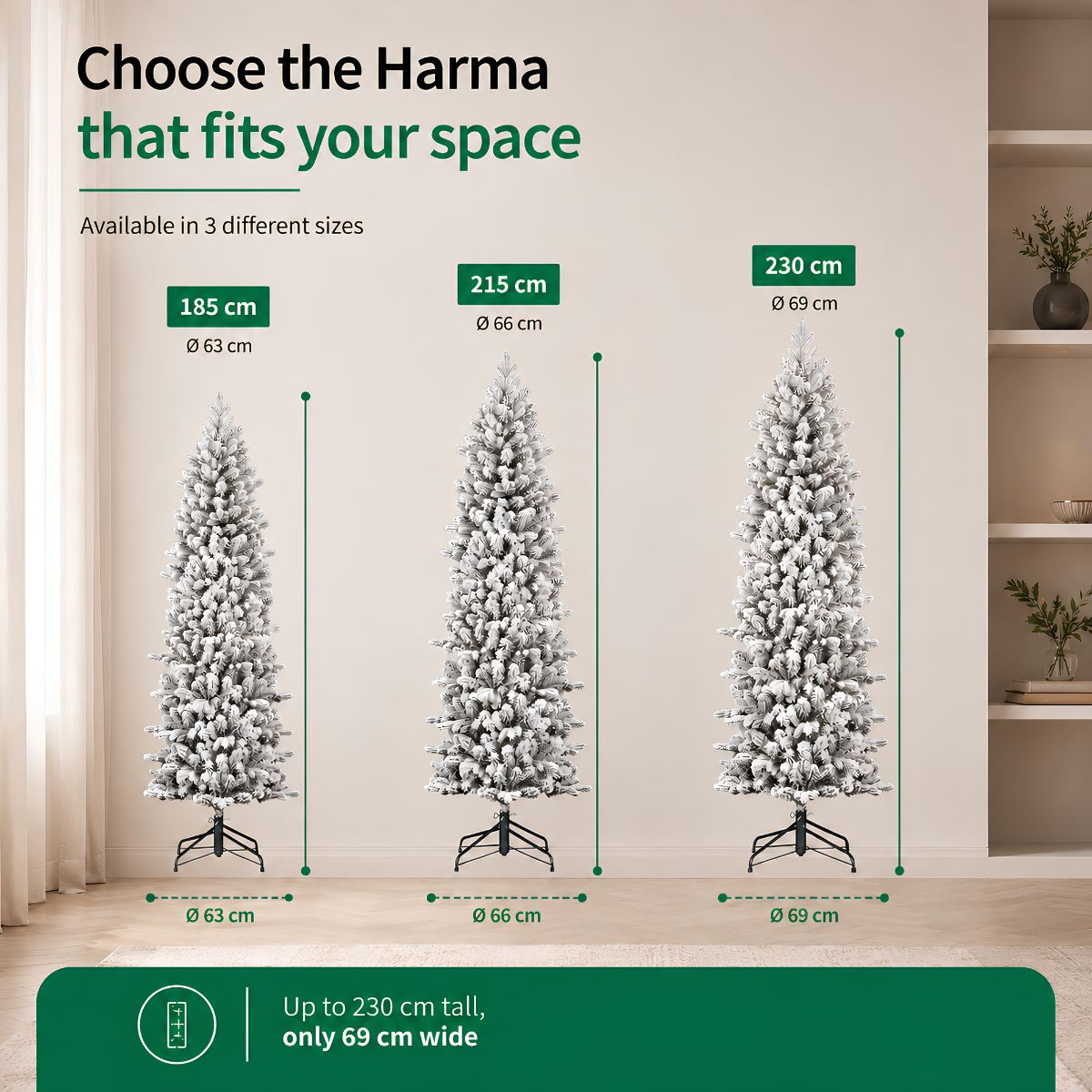 Drie kunstkerstbomen in maten 185 cm, 215 cm en 230 cm tegen een lichte muur met aangegeven afmetingen.